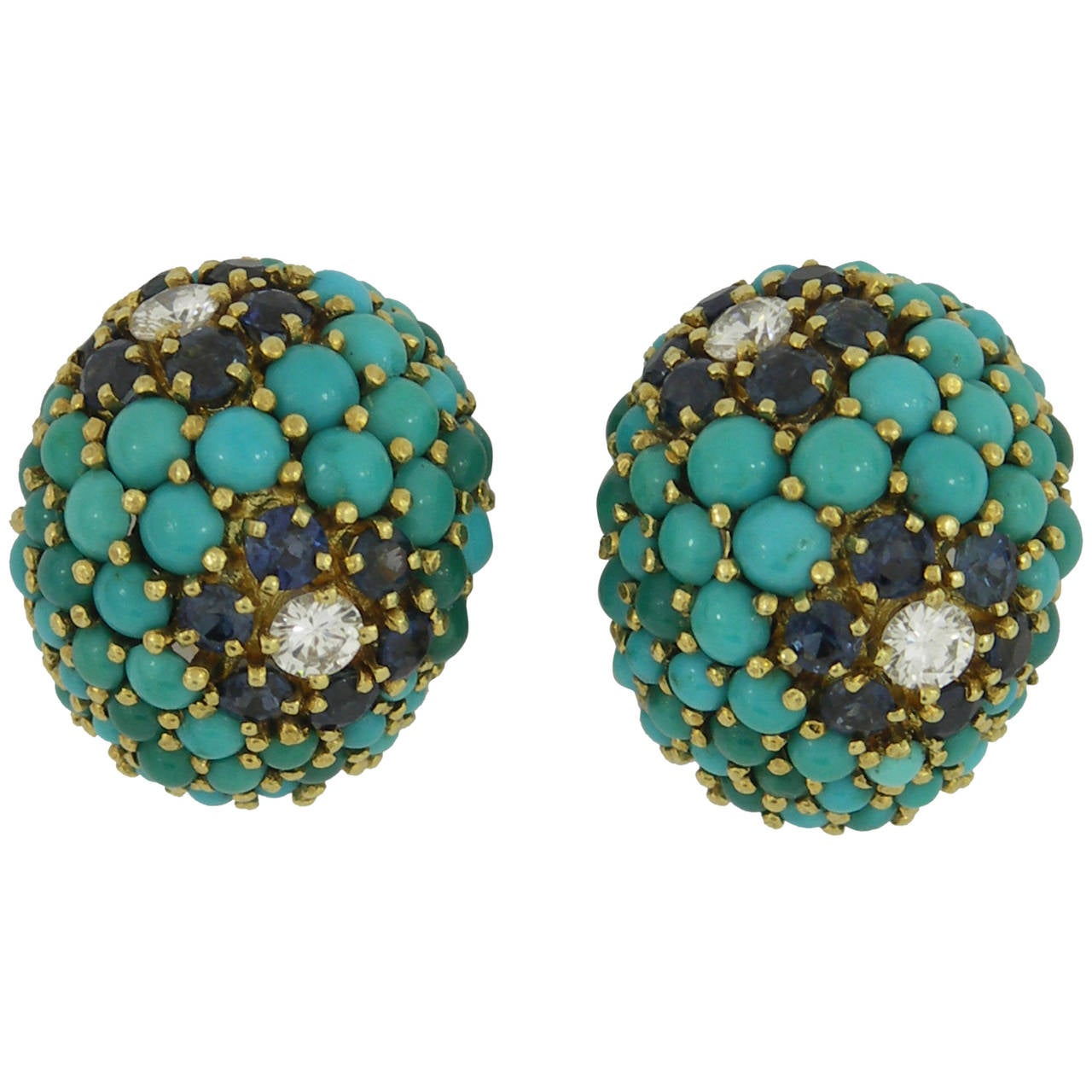 Cabochon Turquoise Sapphire Diamond Gold Clip-On Earrings
