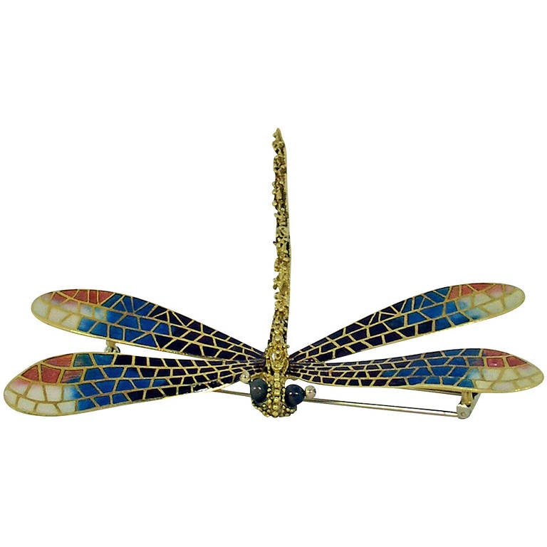 Large Enamel Diamond Gold Dragonfly Brooch