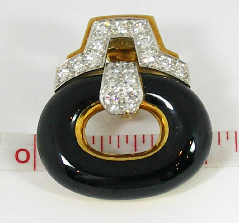 Women's David Webb Black Enamel Diamond Gold Platinum Oval Earrings