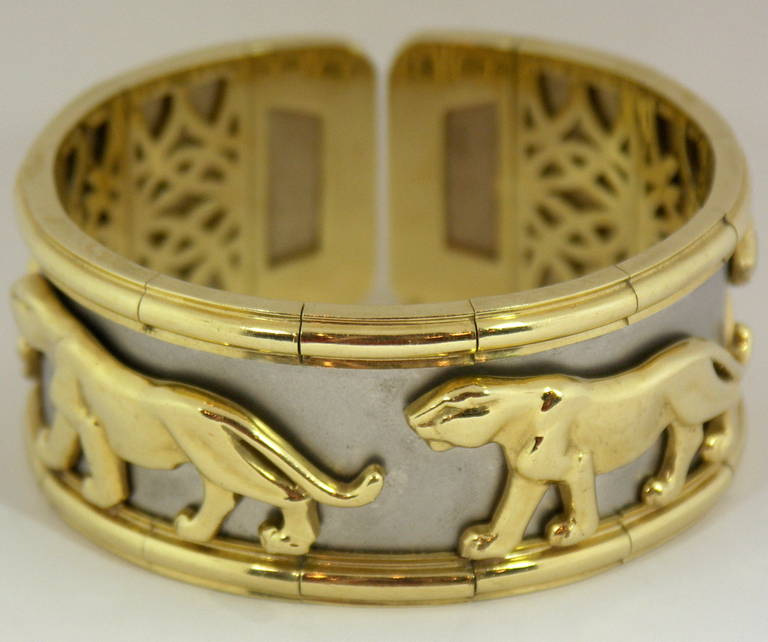 Panther Themed Bracelet in White and Yellow Gold In Excellent Condition In Palm Beach, FL