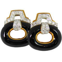 David Webb Black Enamel Diamond Gold Platinum Oval Earrings