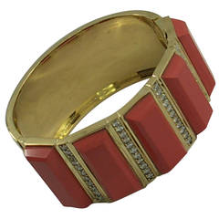 Gold Cuff Bracelet with Coral Colored Slabs and Diamonds 2