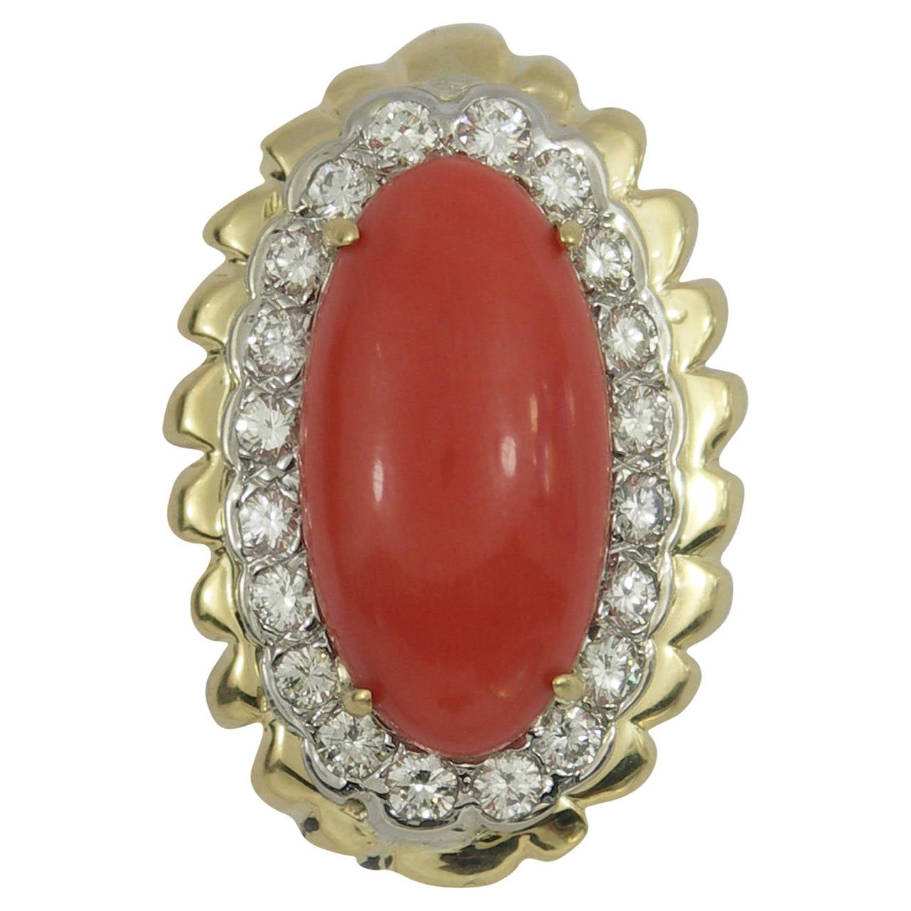 Coral Diamond Gold Cocktail Ring with Fluted Design