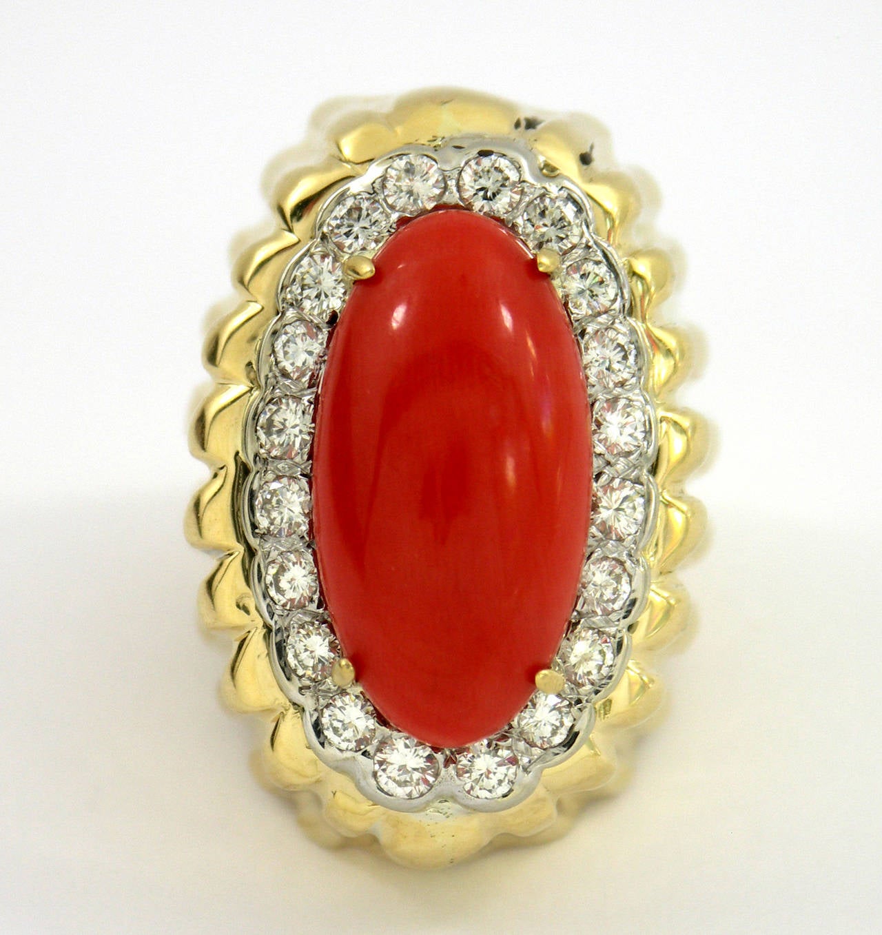 Coral Diamond Gold Cocktail Ring with Fluted Design 1