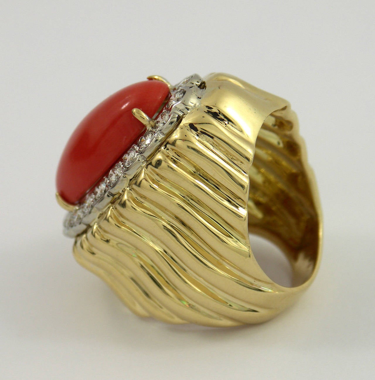 Women's Coral Diamond Gold Cocktail Ring with Fluted Design