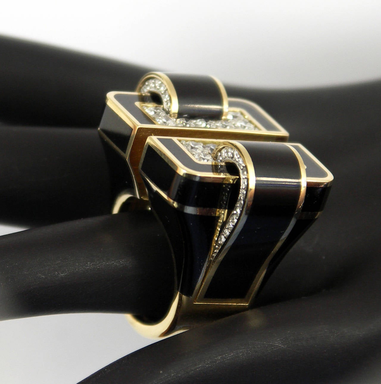 Large Scale Black Enamel Diamond Gold Ring 1