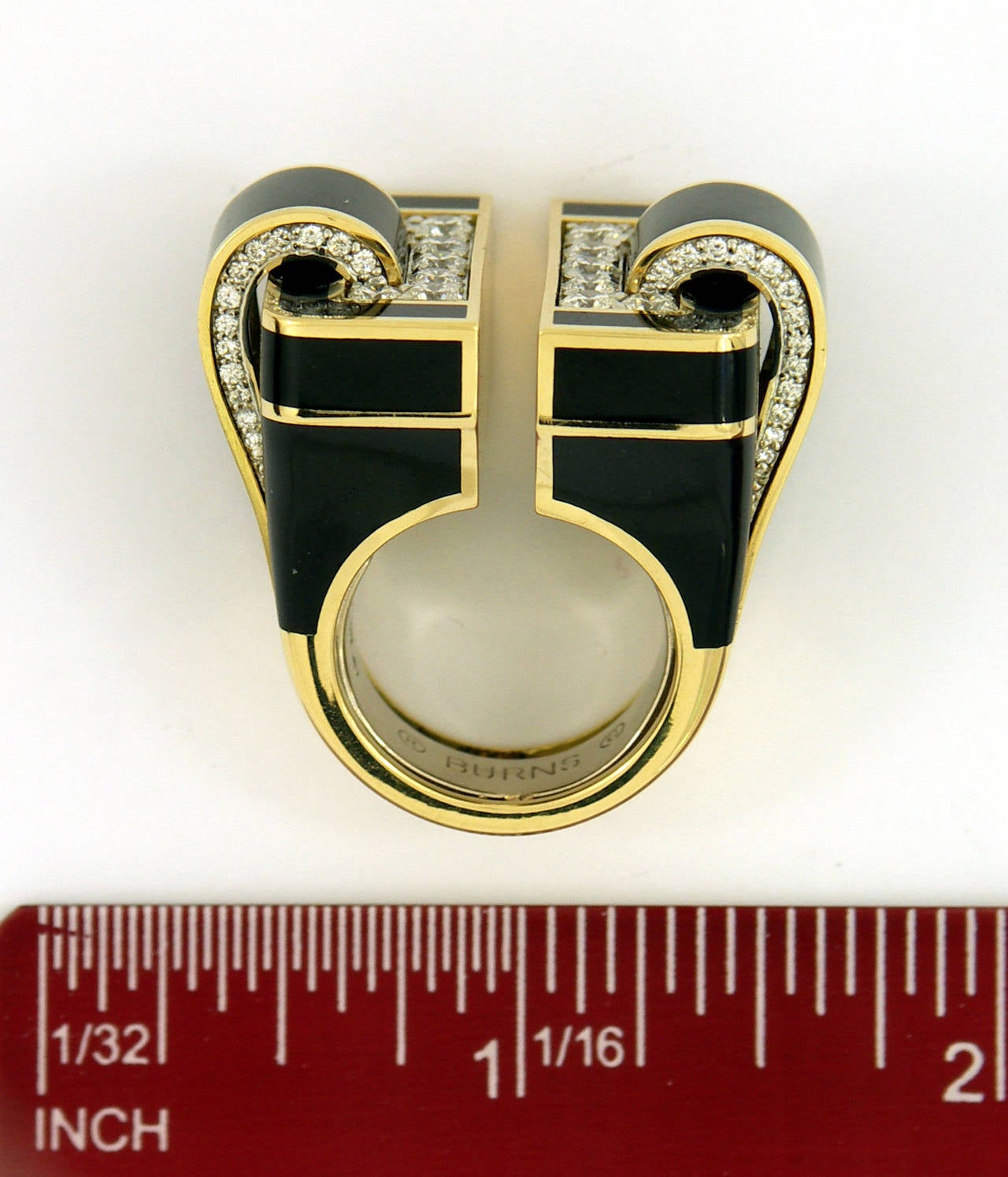 Large Scale Black Enamel Diamond Gold Ring 2