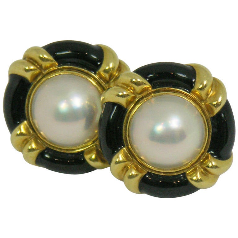 Black Enamel Mabe Pearl Earrings