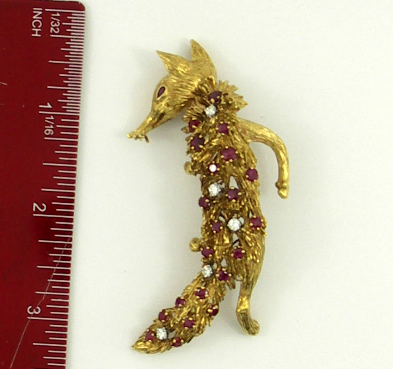 Fanciful Ruby Diamond Gold Fox Brooch 1