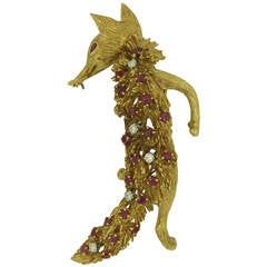 Fanciful Ruby Diamond Gold Fox Brooch