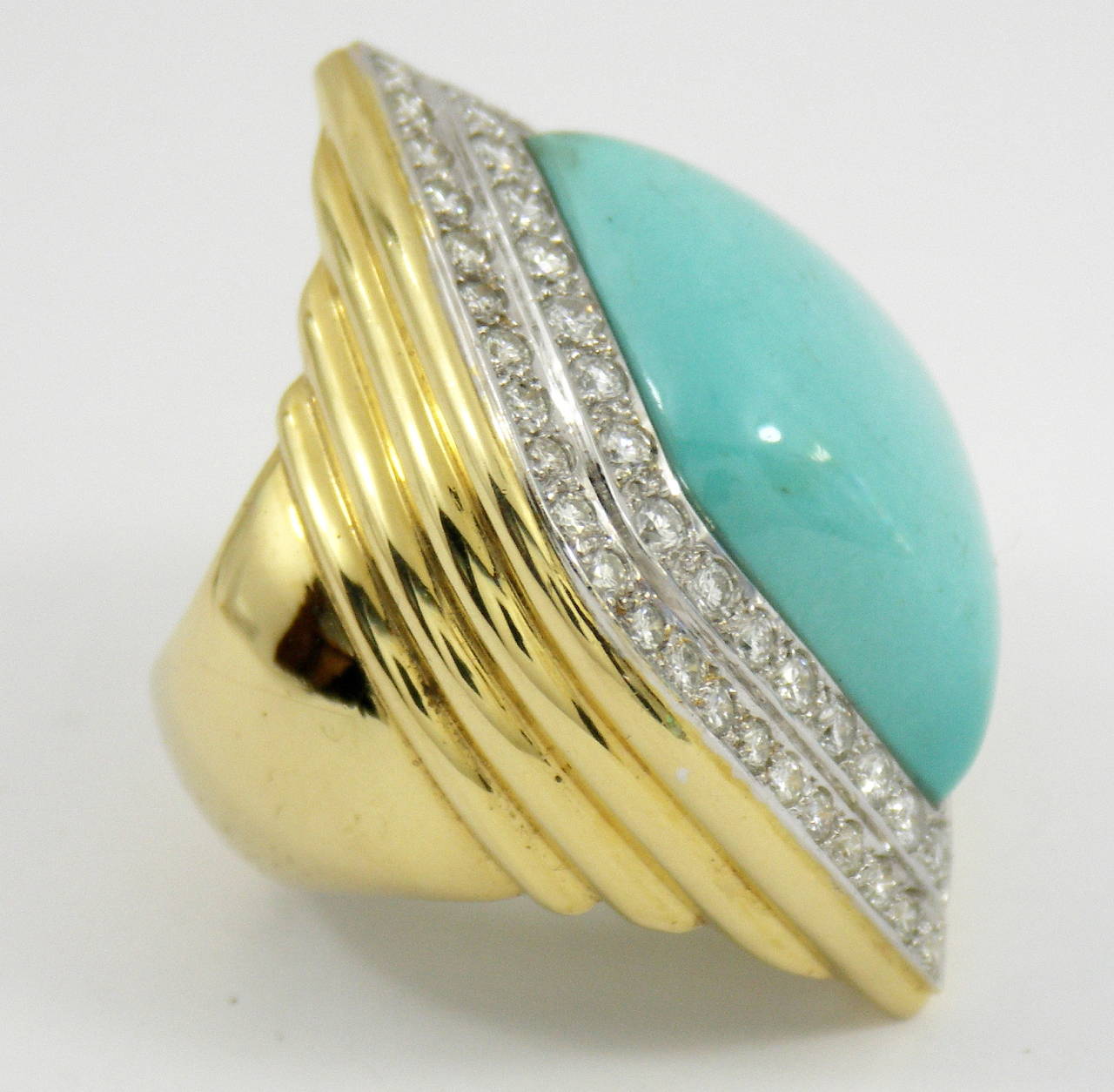 Ladies Navette Shaped Turquoise Diamond Gold Ring In Excellent Condition In Palm Beach, FL