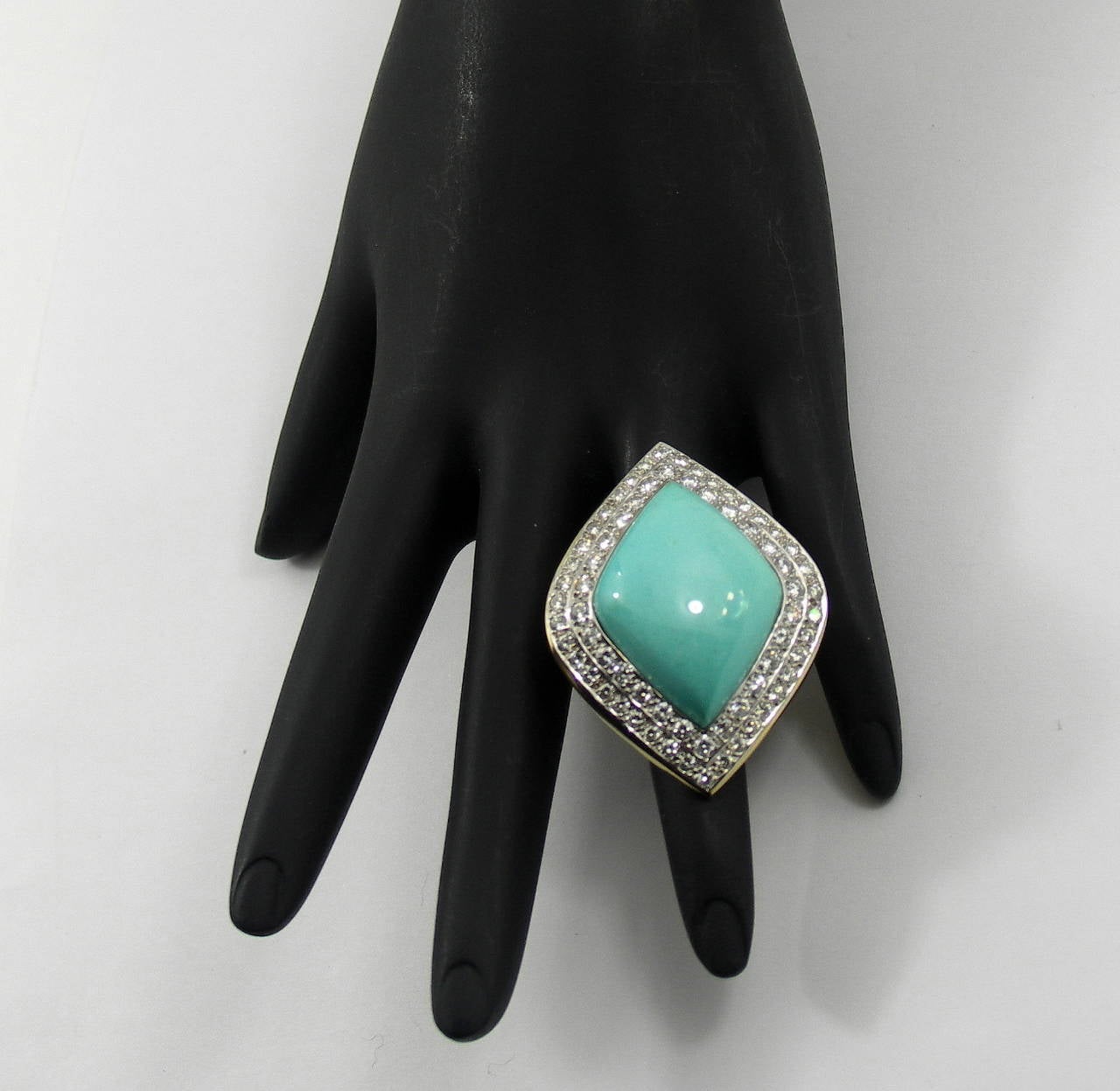 Ladies Navette Shaped Turquoise Diamond Gold Ring 2