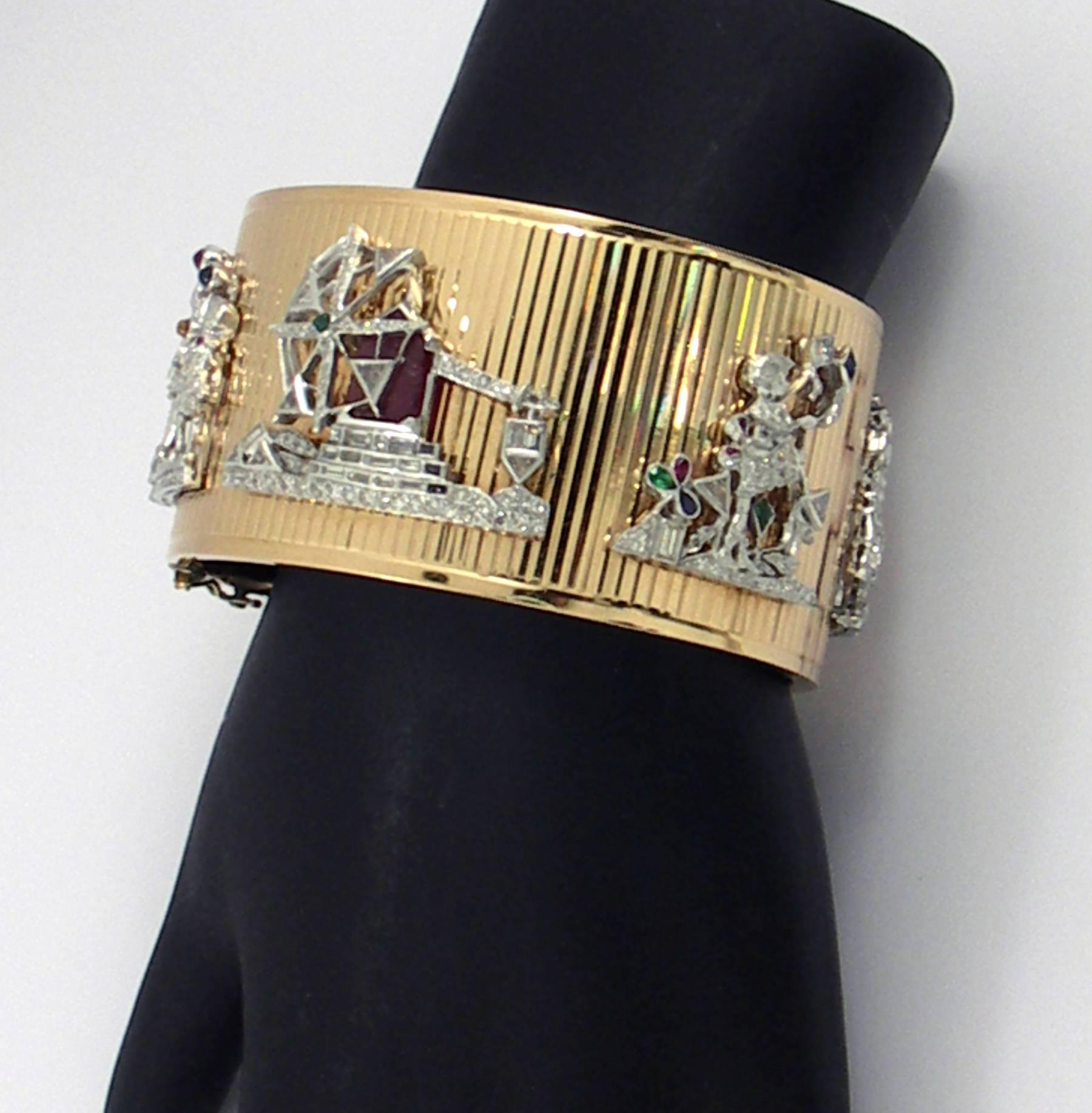 Mid-Century Gold Cuff Bracelet with Art Deco Charms In Excellent Condition In Palm Beach, FL