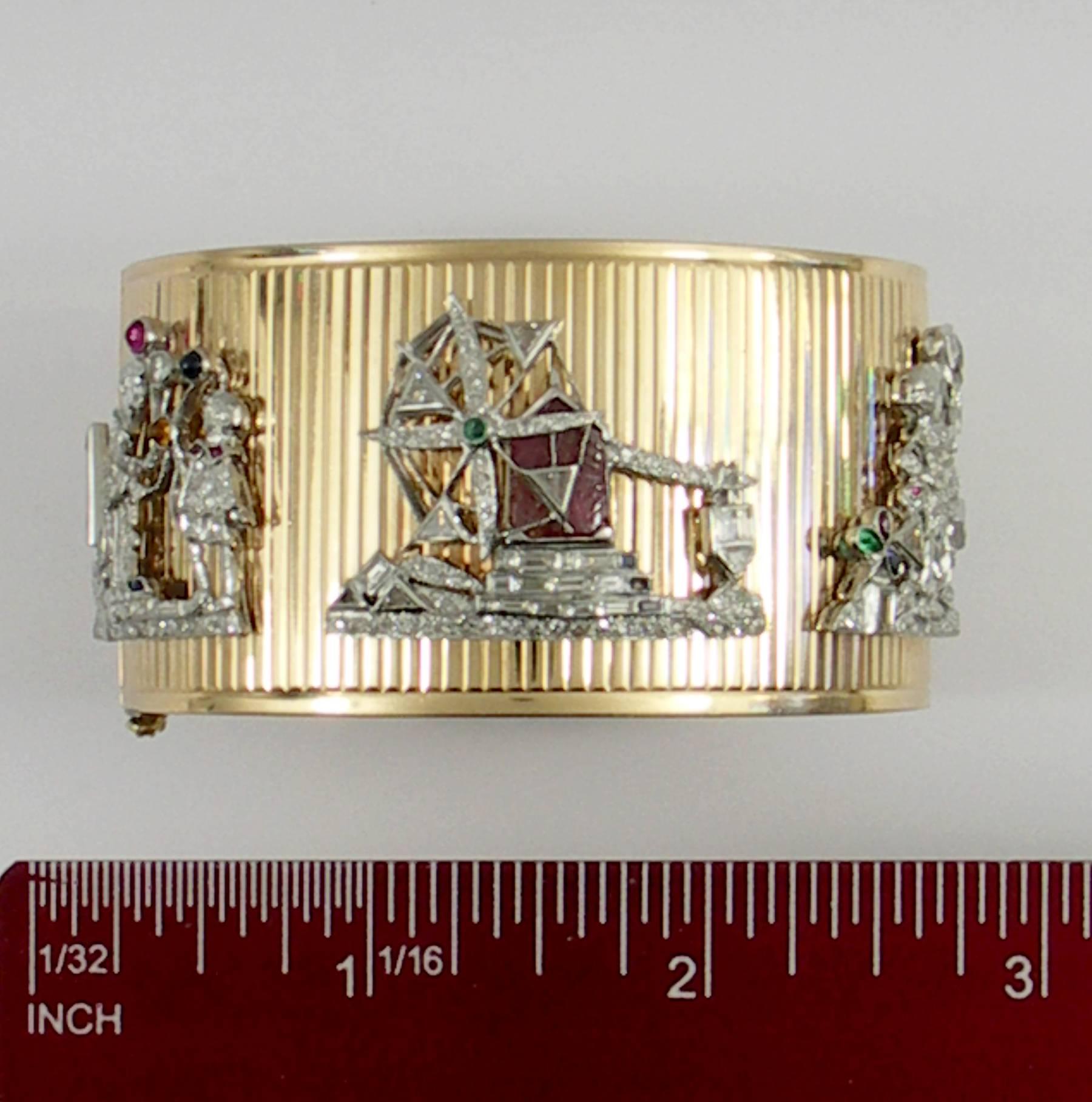 Women's Mid-Century Gold Cuff Bracelet with Art Deco Charms