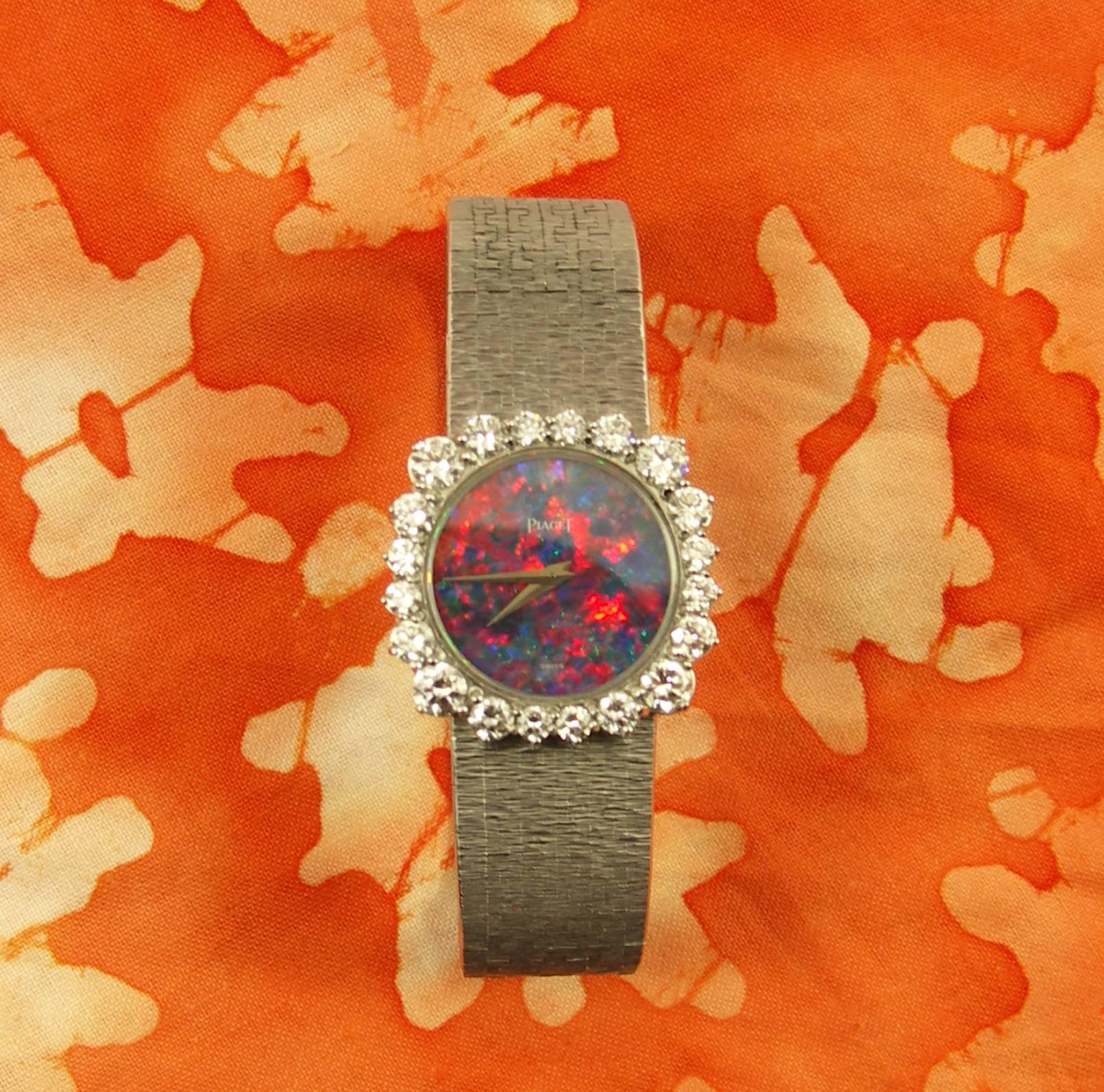 Piaget Lady's White Gold Opal Dial Diamond Bezel Wristwatch In Excellent Condition In Palm Beach, FL