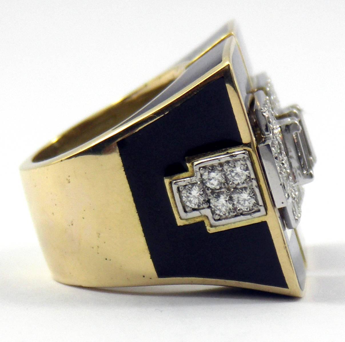 Large Art Deco Inspired Ring with Black Enamel and Diamonds In New Condition In Palm Beach, FL