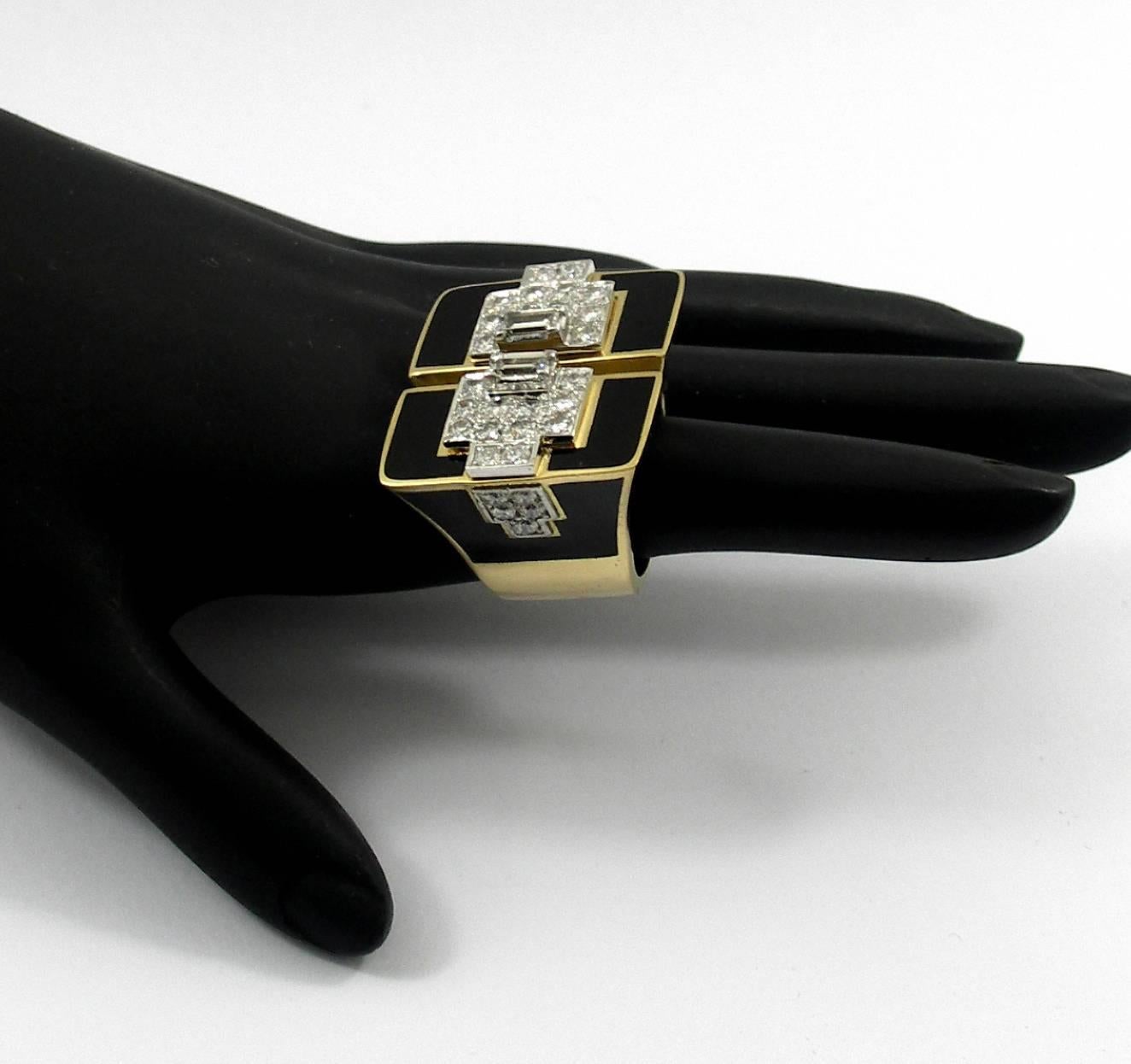 Women's Large Art Deco Inspired Ring with Black Enamel and Diamonds
