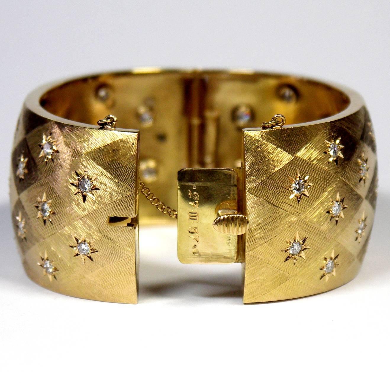 Retro Period Diamond Gold Cuff Bracelet In Excellent Condition In Palm Beach, FL