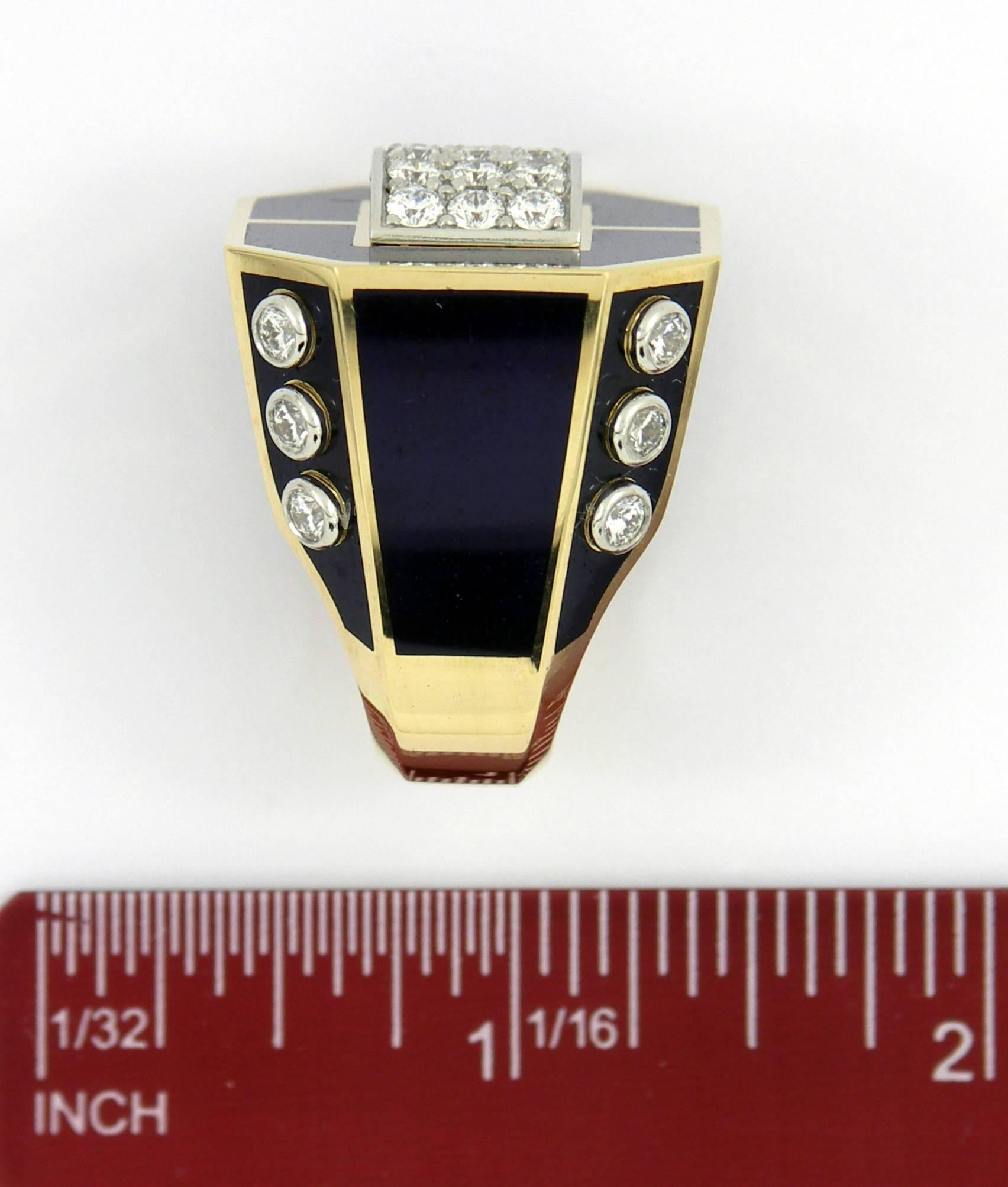 Large-Scale Blue Enamel Diamond Gold Platinum Ring 5