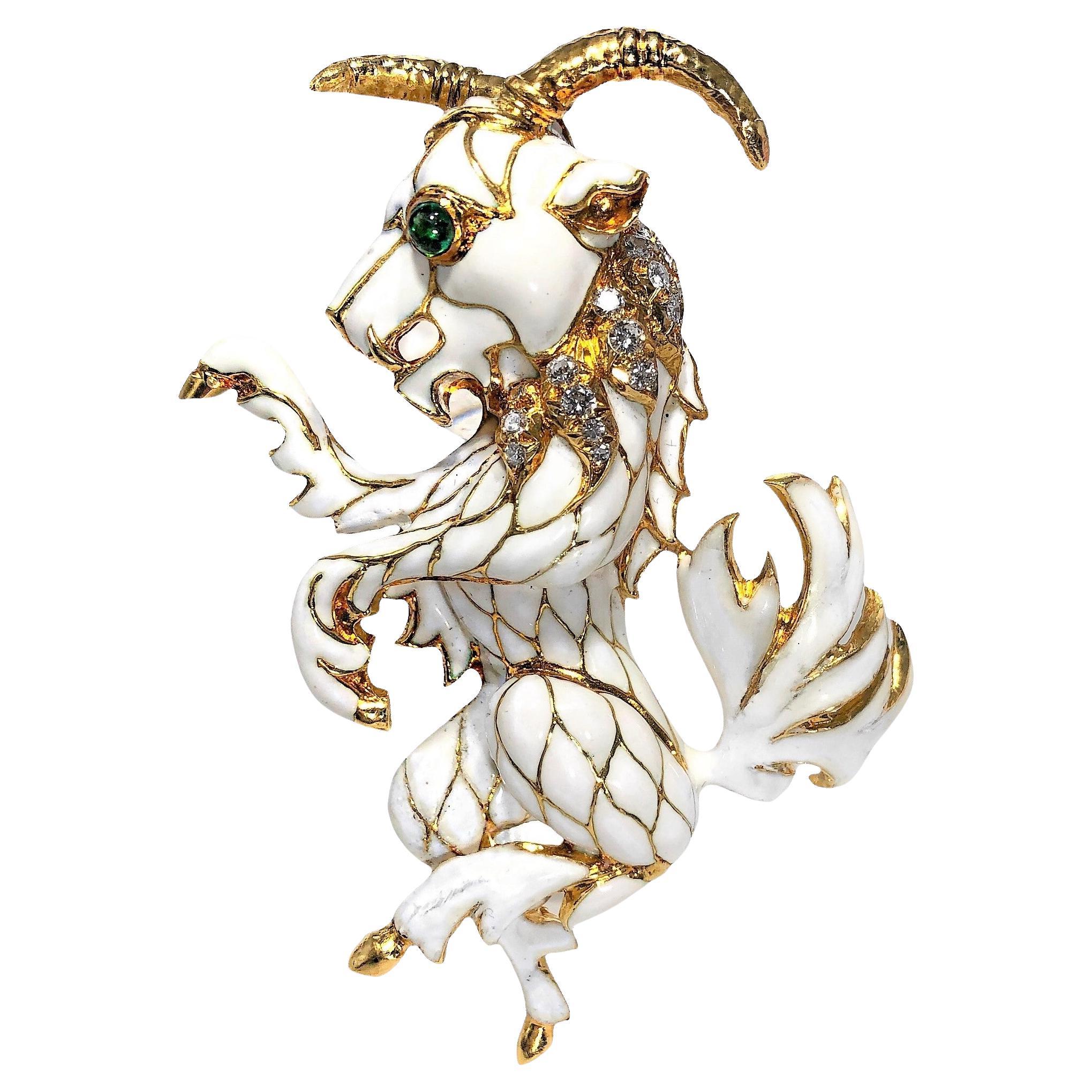 Grand Scale "Pan" Mythical Creature in 18K Gold, Enamel, Emeralds &  Diamonds  For Sale