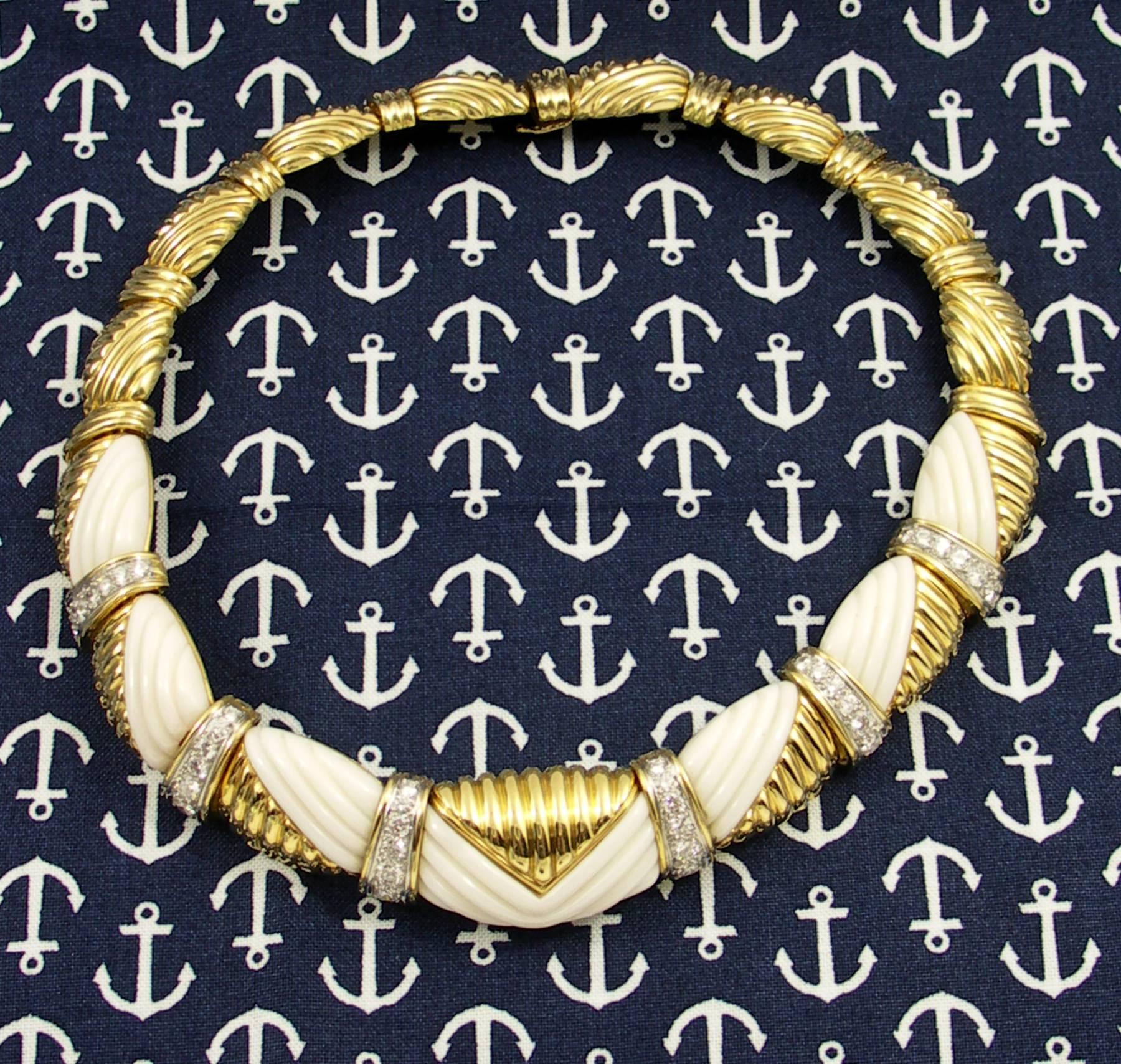 Women's or Men's 1980s Charles Turi White Coral Diamond Gold Necklace