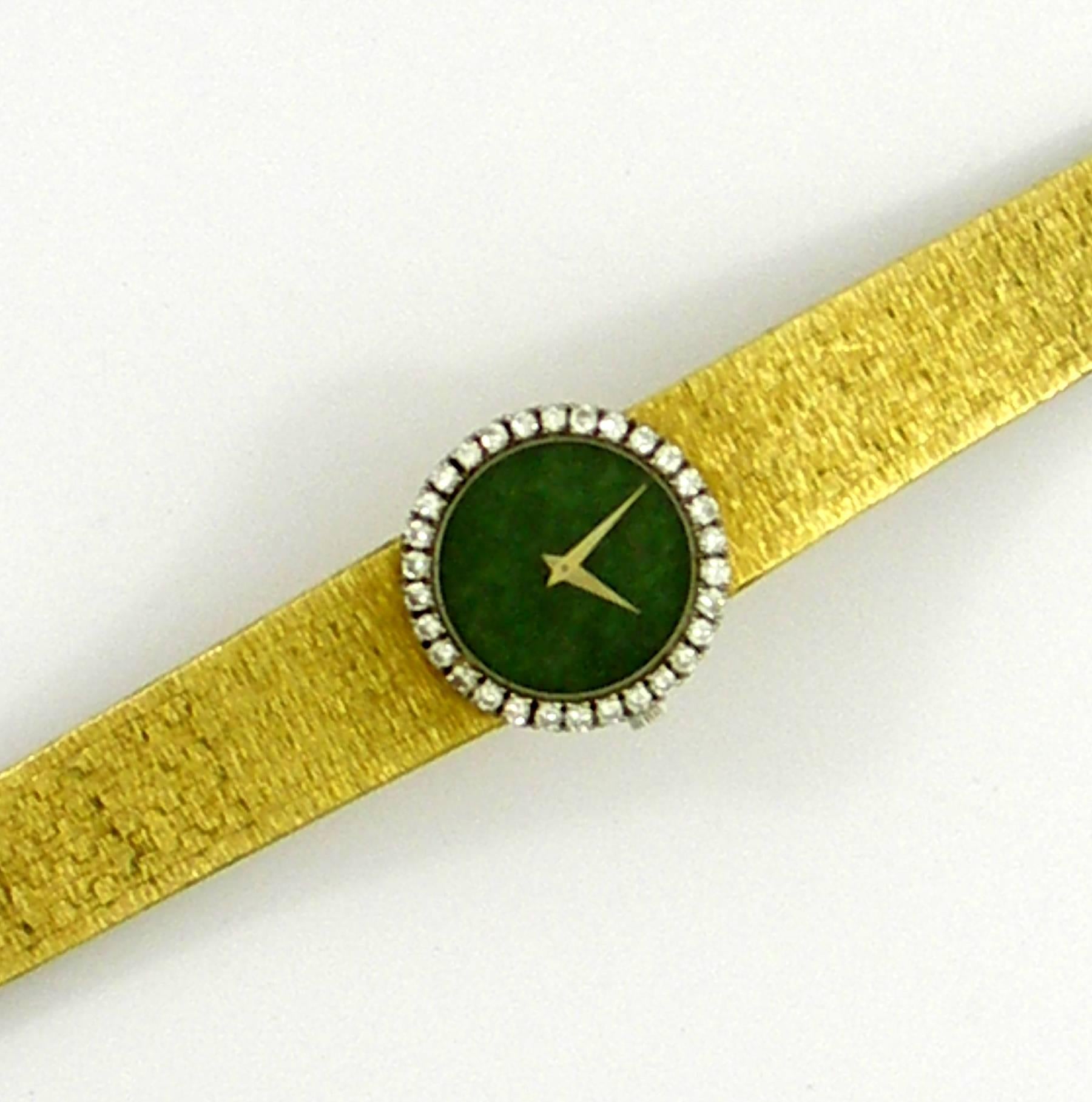 Piaget Lady's Yellow Gold Jade Dial Diamond Bezel Wristwatch In Excellent Condition In Palm Beach, FL