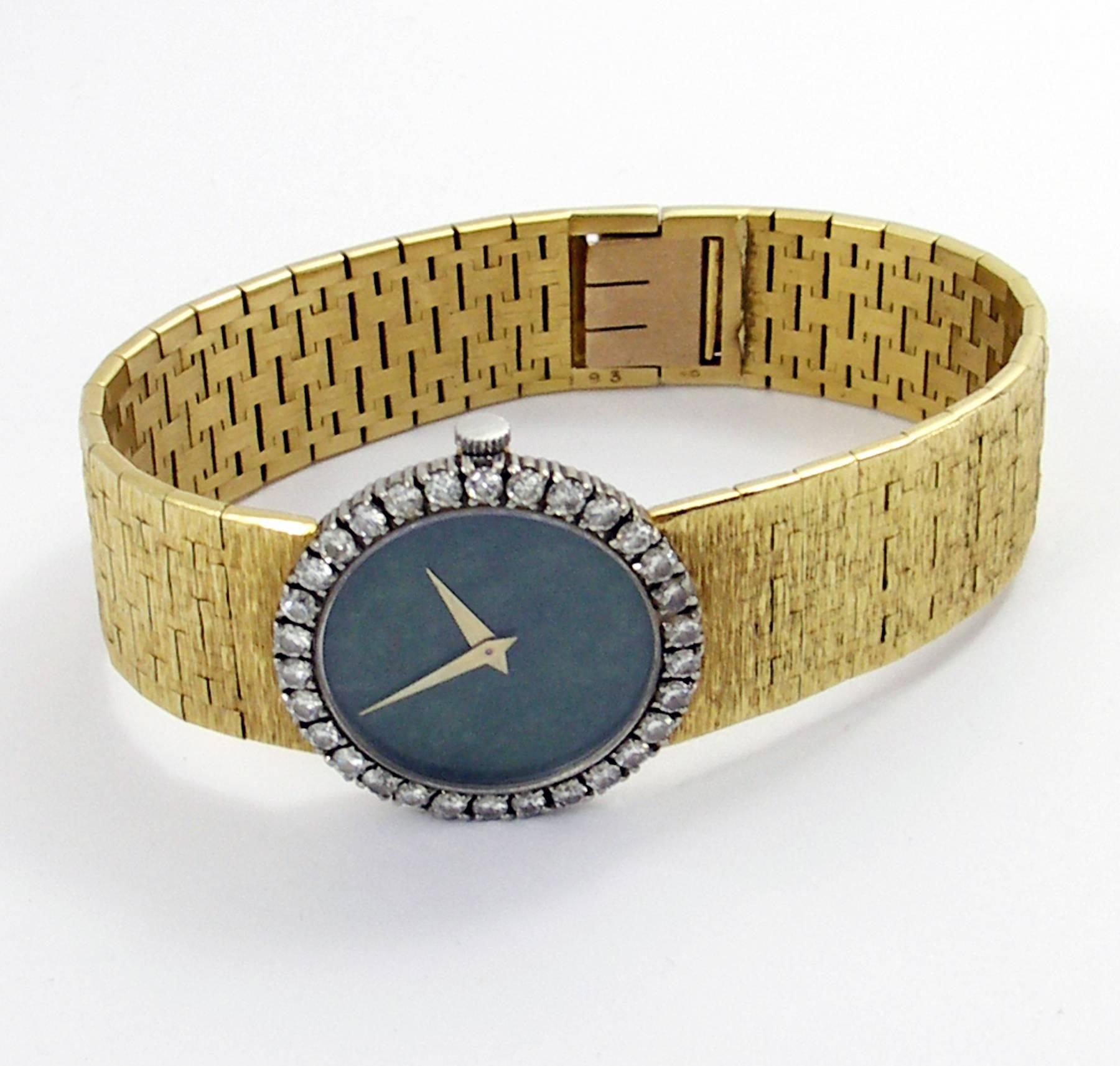 Women's Piaget Lady's Yellow Gold Jade Dial Diamond Bezel Wristwatch