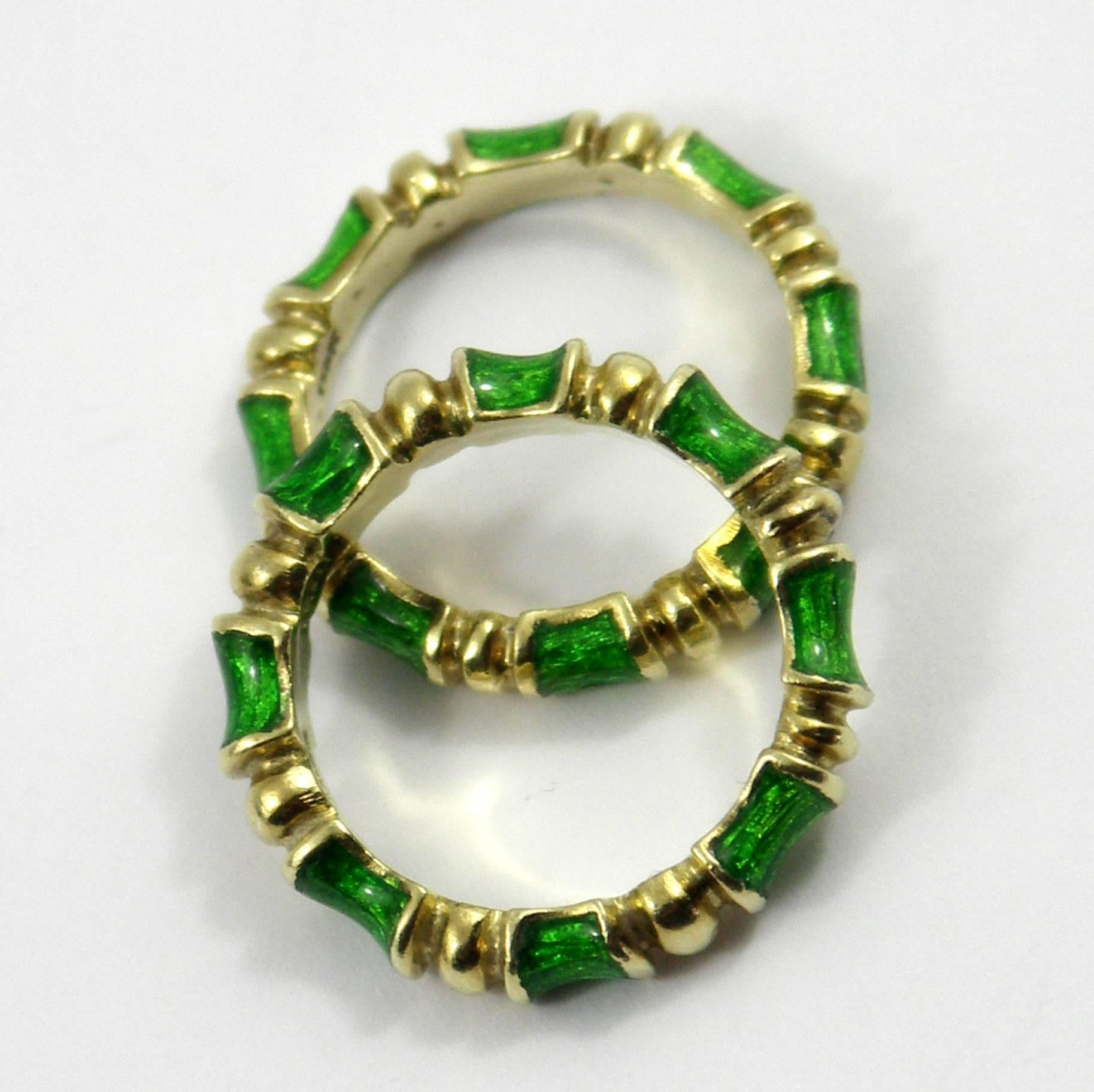 Matched Pair Martine Green Enameled Gold Band Rings In Excellent Condition In Palm Beach, FL