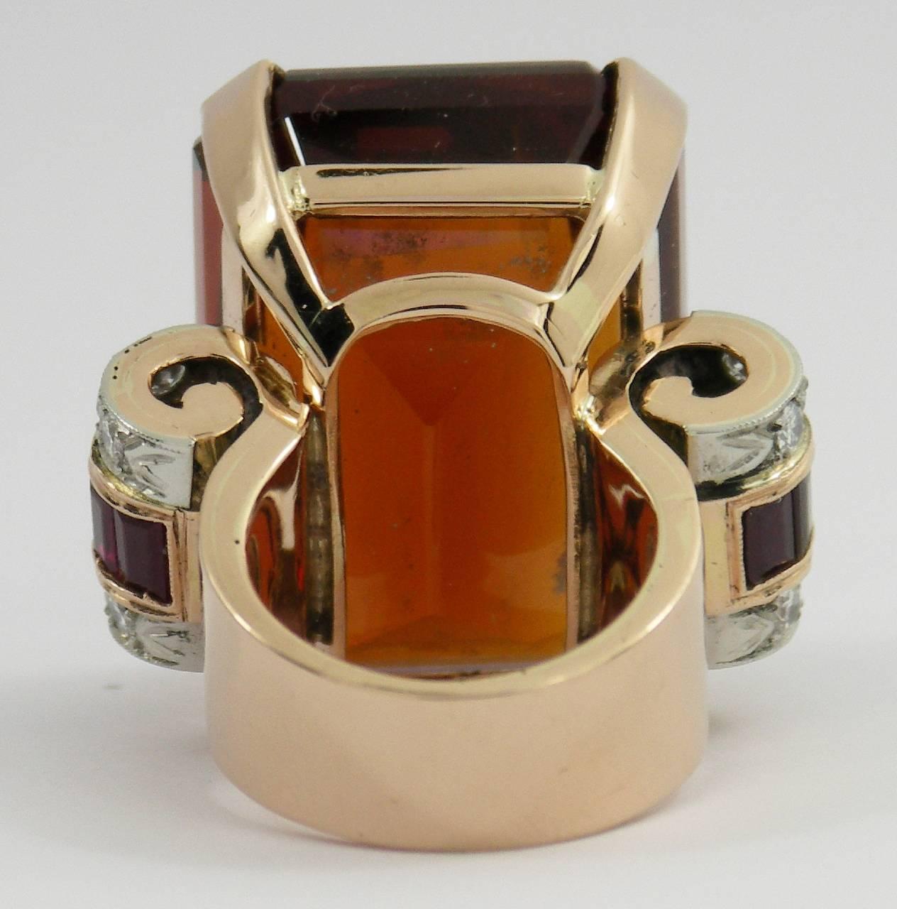 Brilliant Cut Retro Citrine Ruby Diamond Gold Platinum Ring