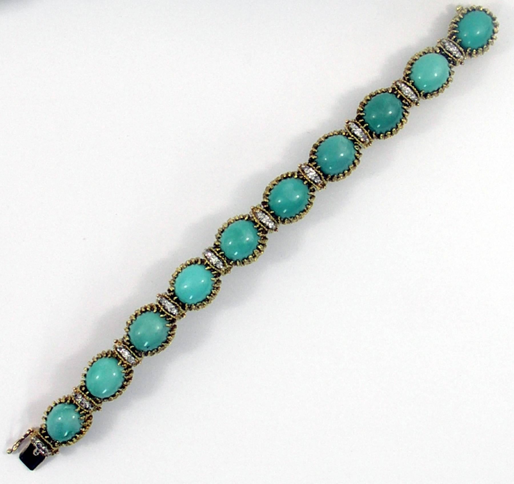 La Triomphe Organic Design Turquoise Diamond Twisted Gold Bracelet In Excellent Condition In Palm Beach, FL
