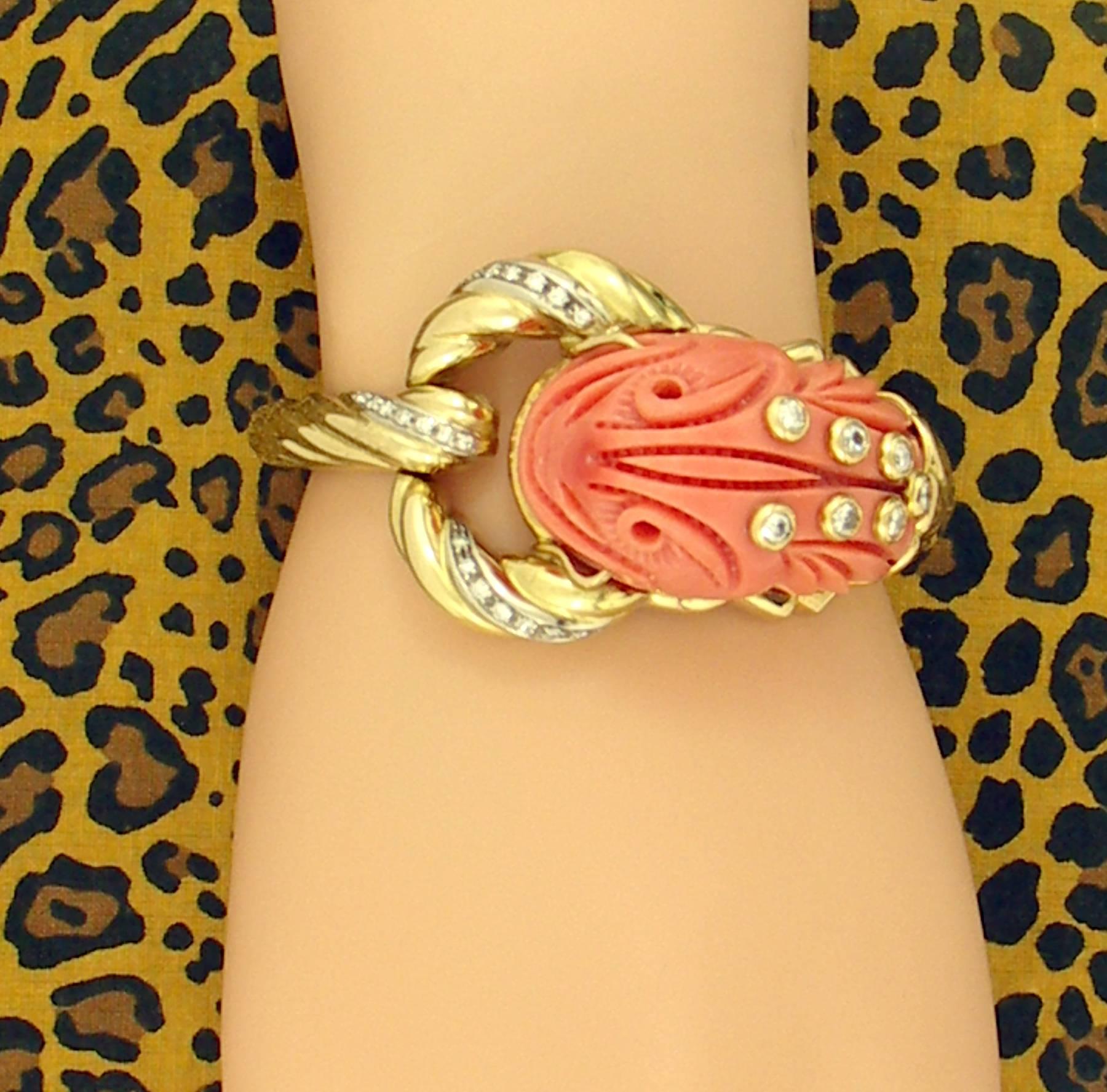 Mario Fontana Carved Coral Diamond Gold Dragon Bracelet In Excellent Condition In Palm Beach, FL