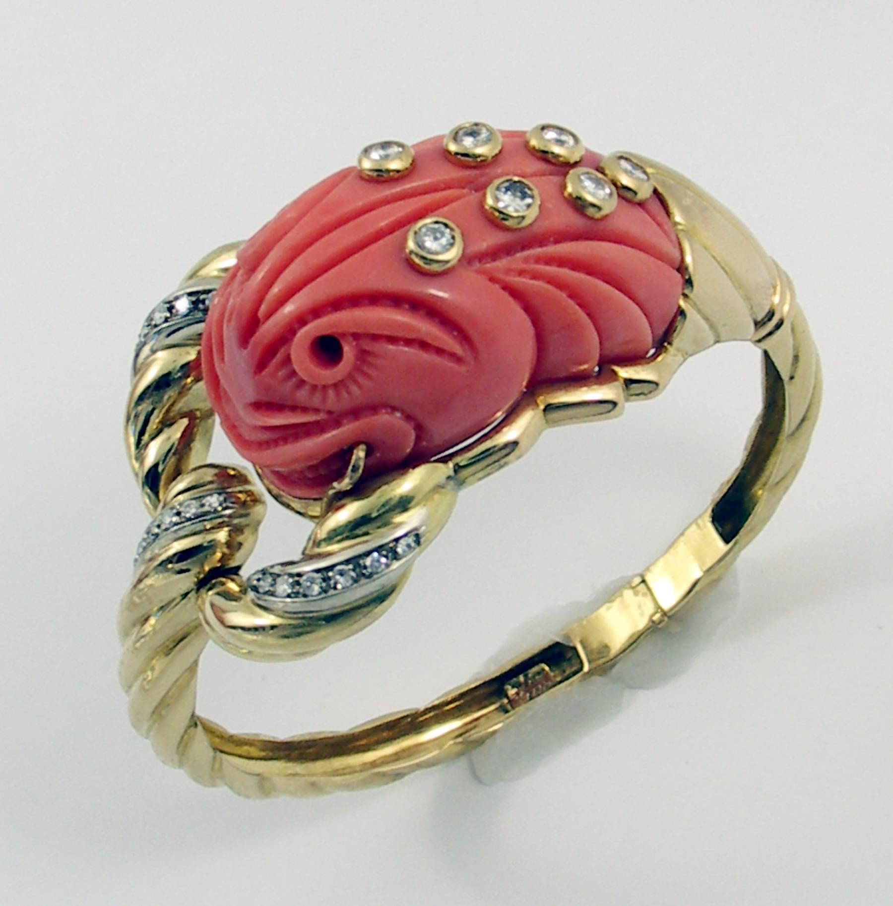 Women's or Men's Mario Fontana Carved Coral Diamond Gold Dragon Bracelet