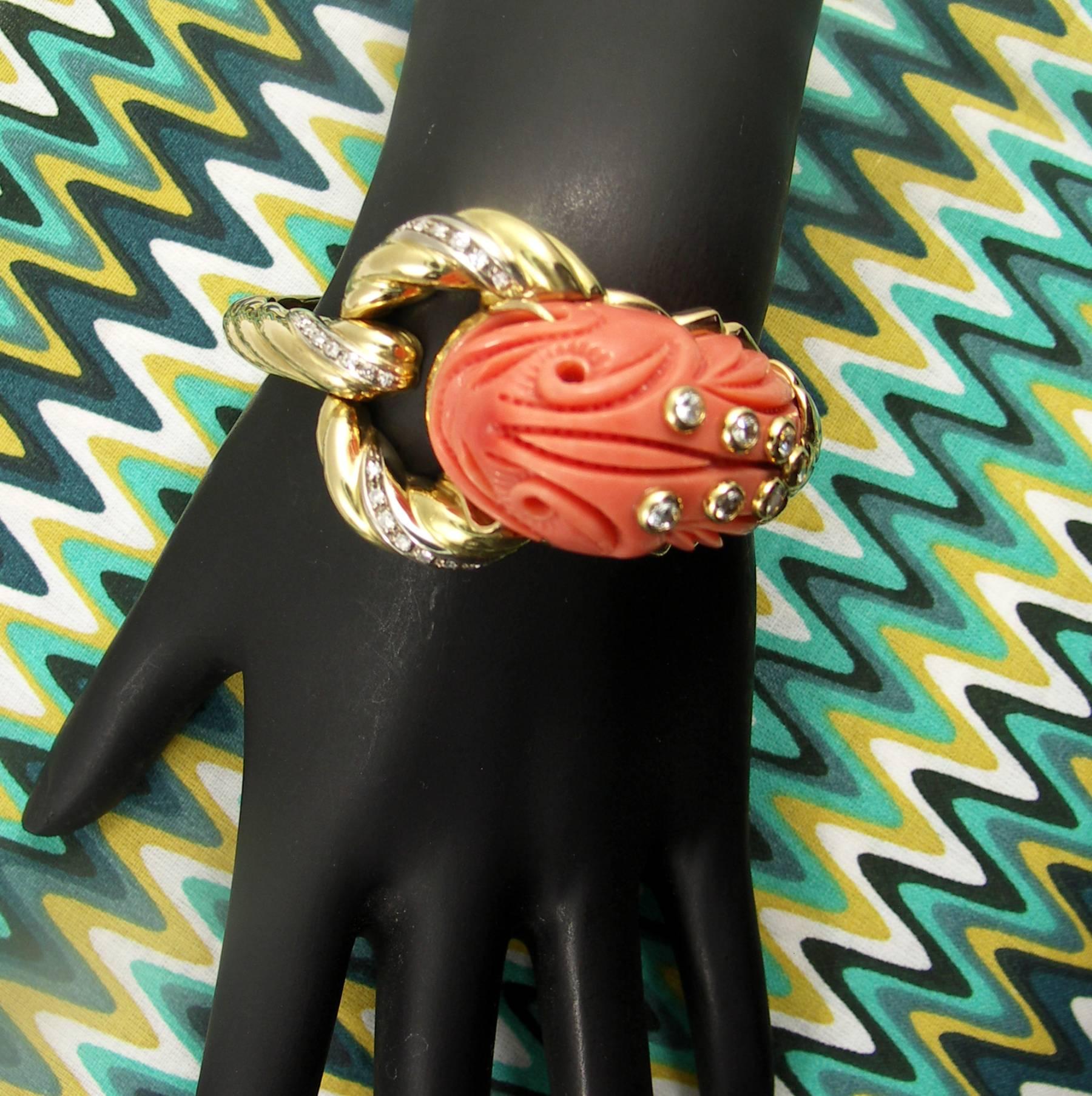 Mario Fontana Carved Coral Diamond Gold Dragon Bracelet 1