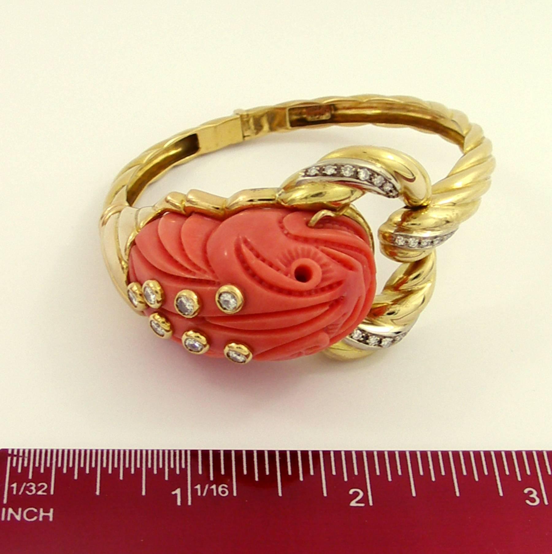 Mario Fontana Carved Coral Diamond Gold Dragon Bracelet 4