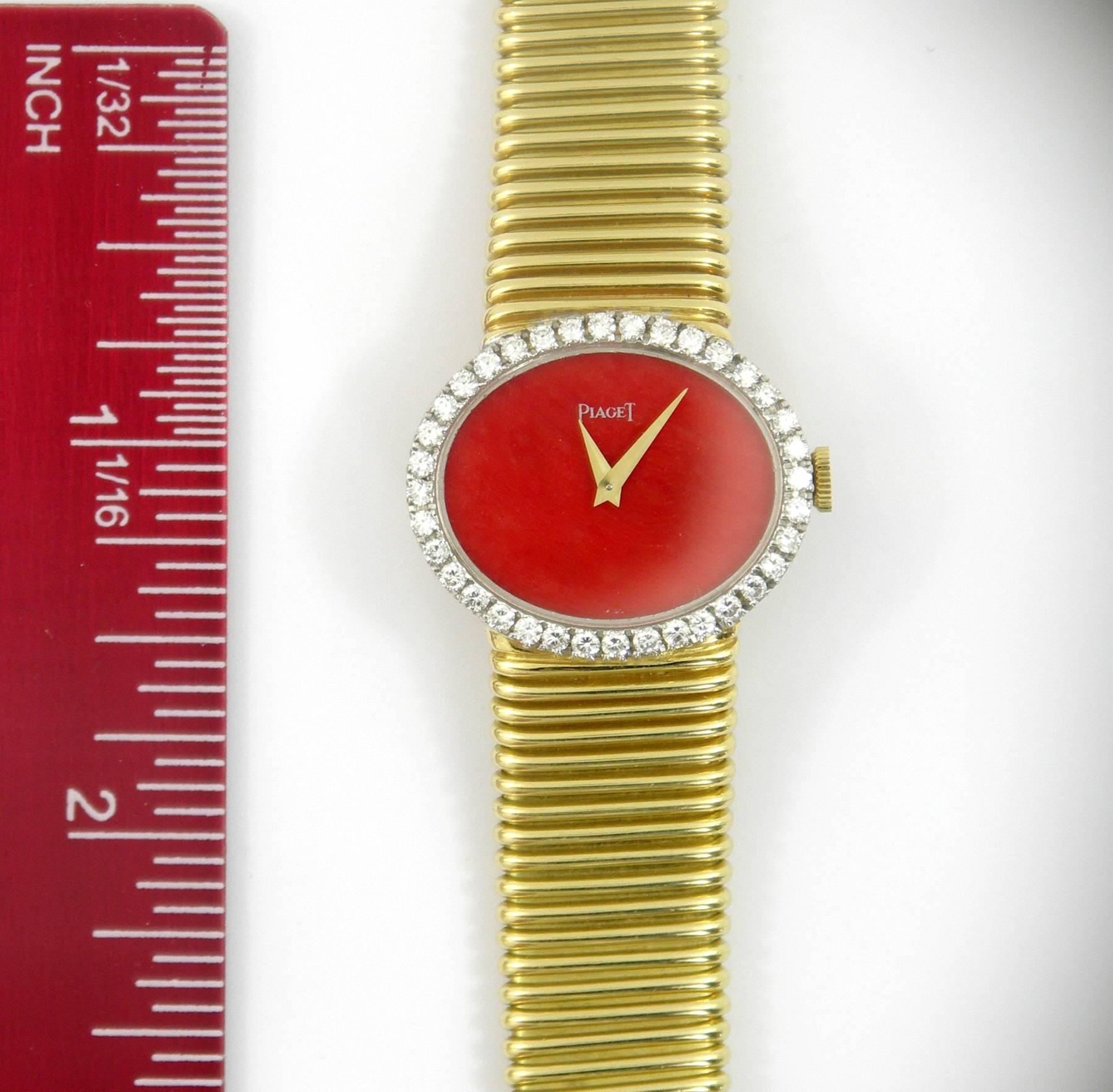 Piaget Ladies Yellow Gold Diamond Coral Dial Tubogas Bracelet Wristwatch 4