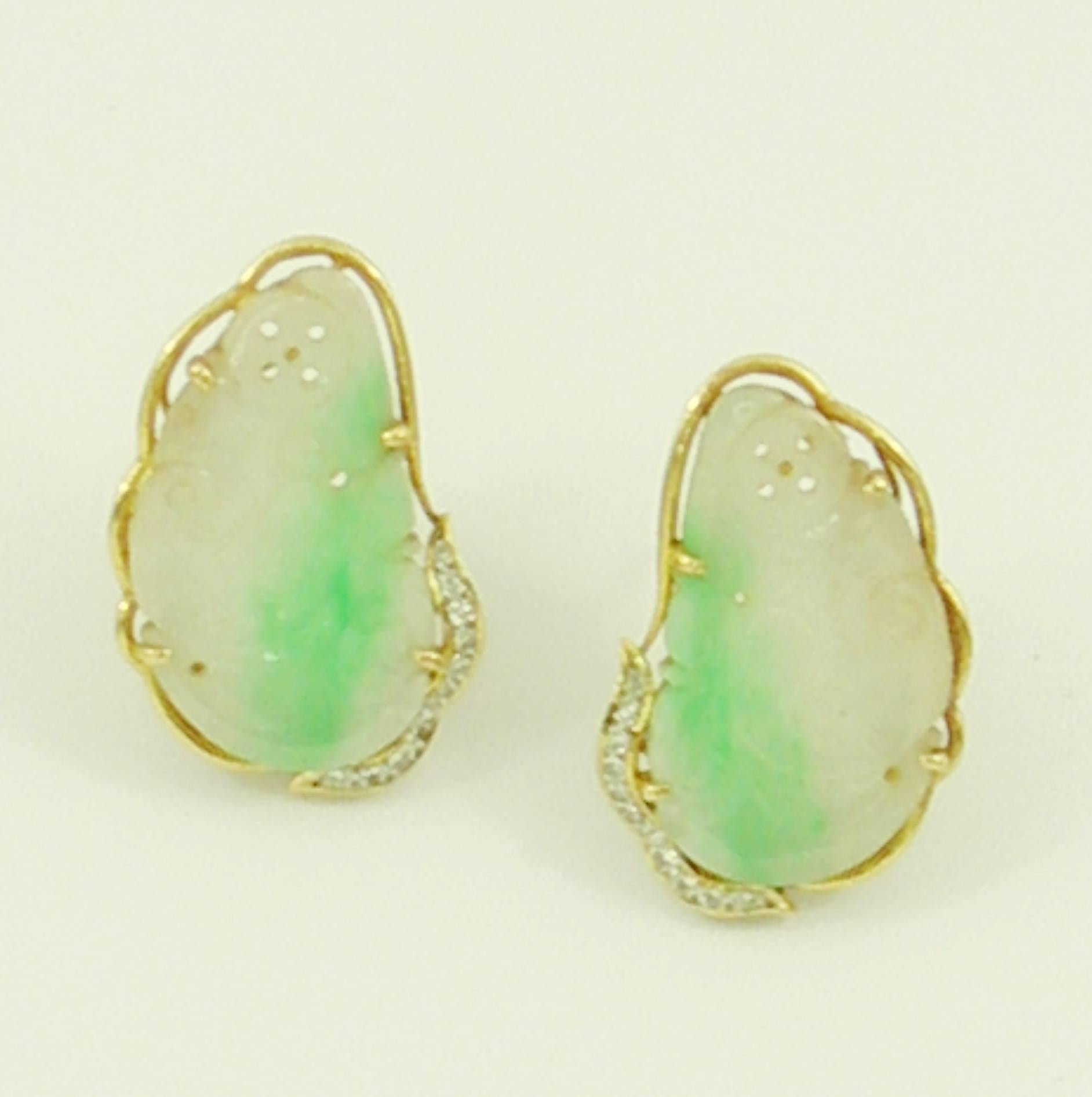 Women's Carved Jade Diamond Gold Earrings