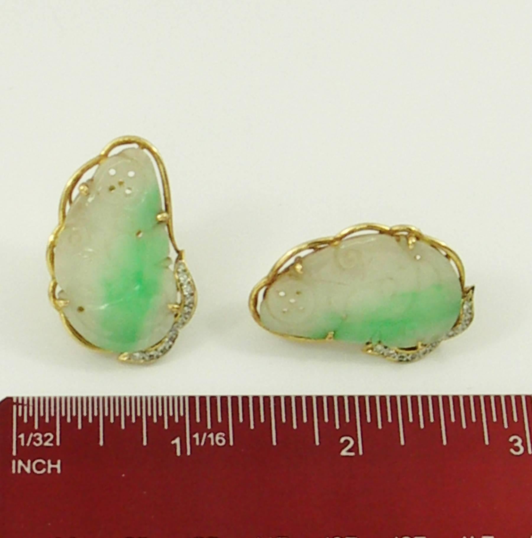 Carved Jade Diamond Gold Earrings 1