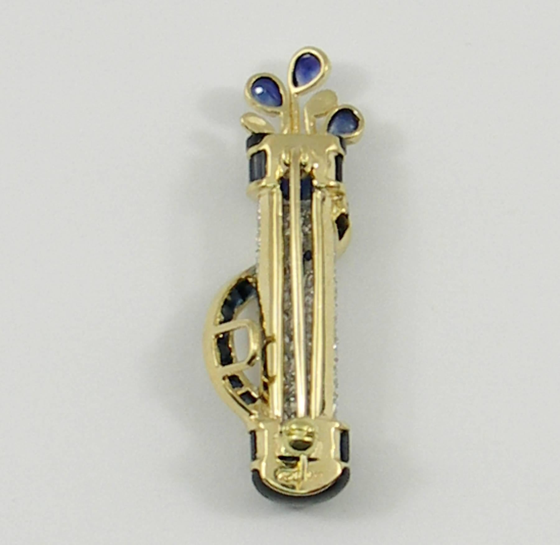 Gold Diamond Sapphire Golf Bag Brooch In Excellent Condition For Sale In Palm Beach, FL