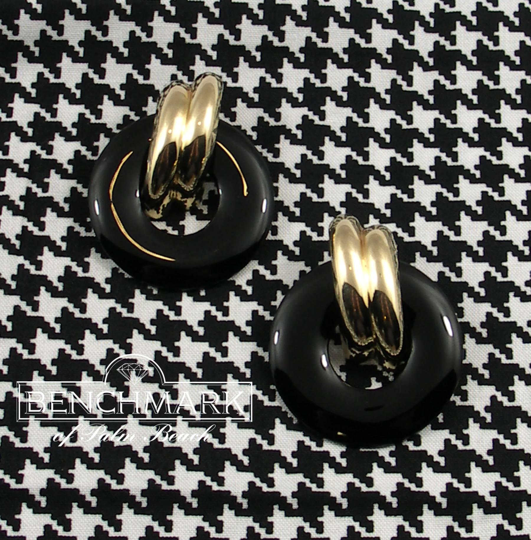 Women's Gold Door Knocker Earrings with Onyx Discs