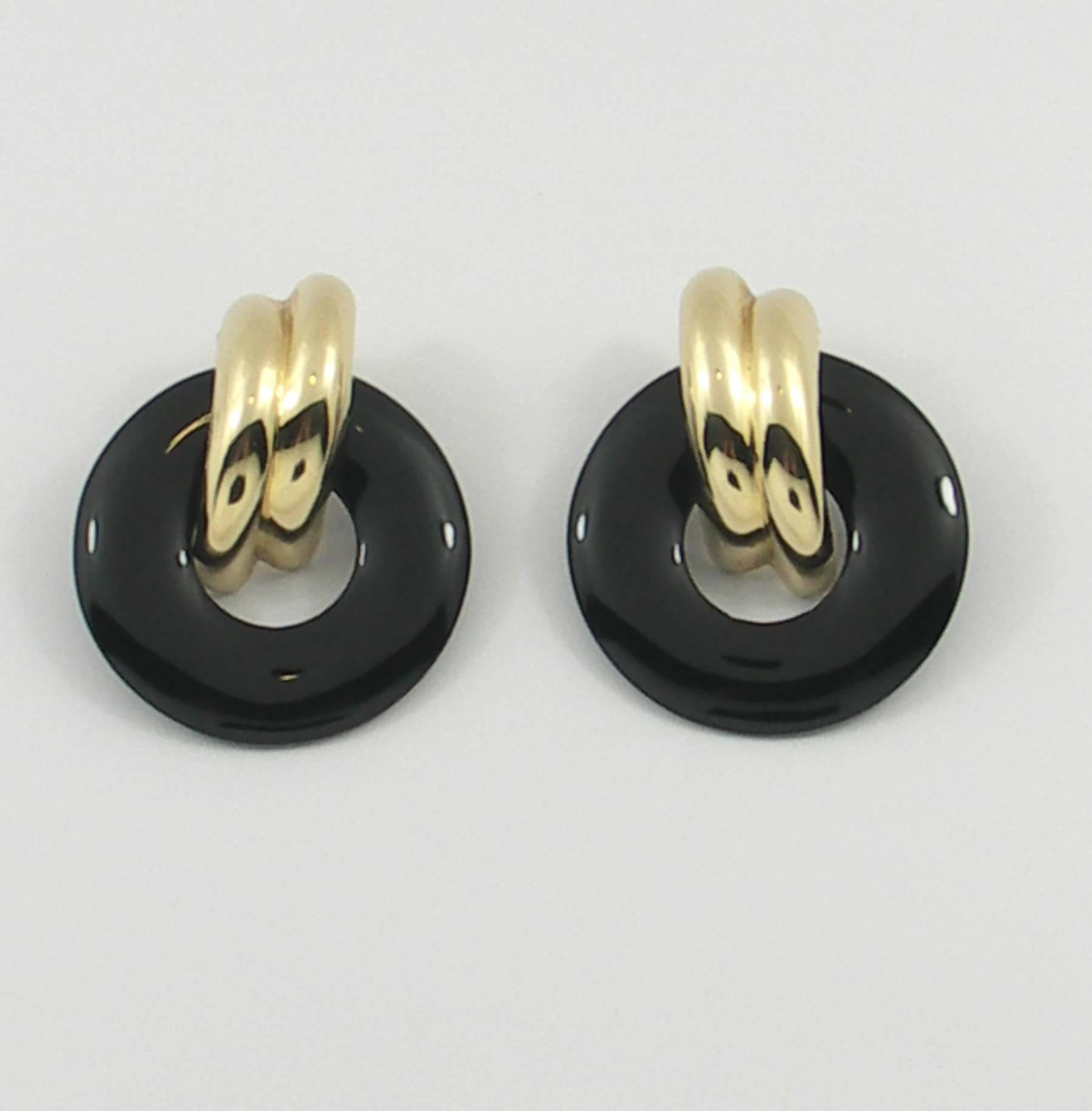 Gold Door Knocker Earrings with Onyx Discs 2