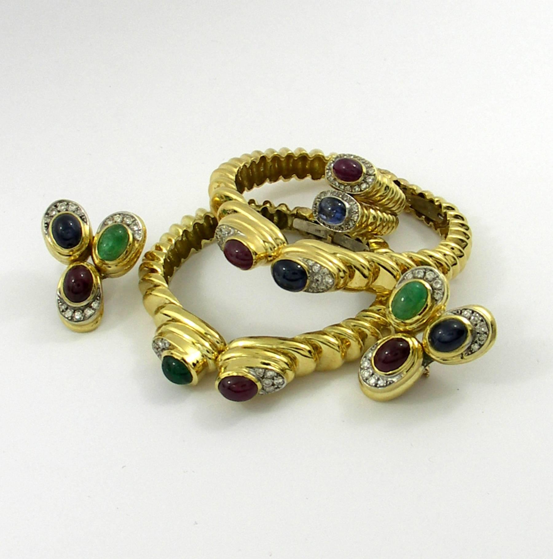 Pair of Diamond Emerald Ruby Sapphire Bracelets 4