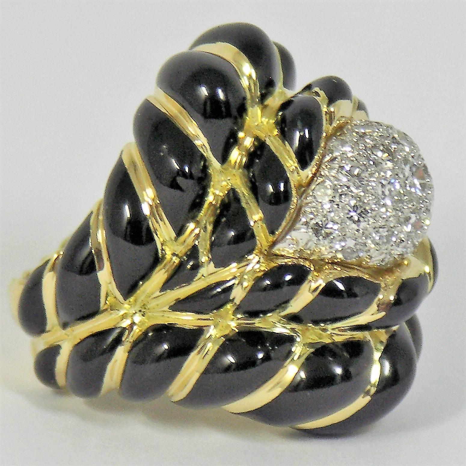 Women's David Webb Gold, Black Enamel and Diamond Ring