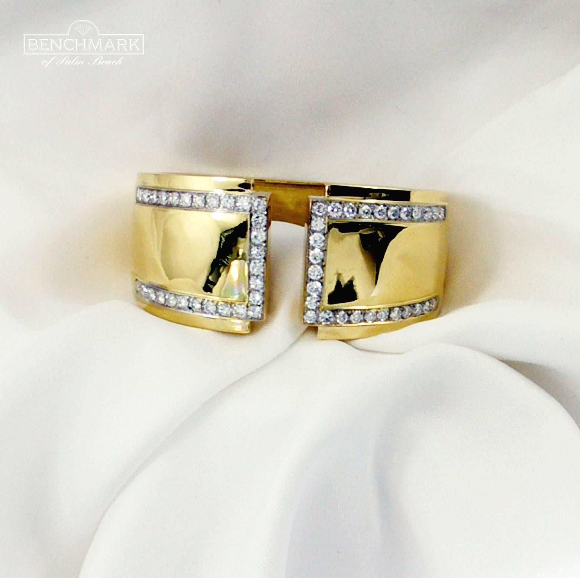 Split Front Wide Diamond Gold Cuff Bracelet In Excellent Condition In Palm Beach, FL