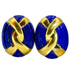 Charles Turi 18K Gold & geriffelte Lapis Lazulil Clip auf Ohrringe - 1,25 Zoll lang