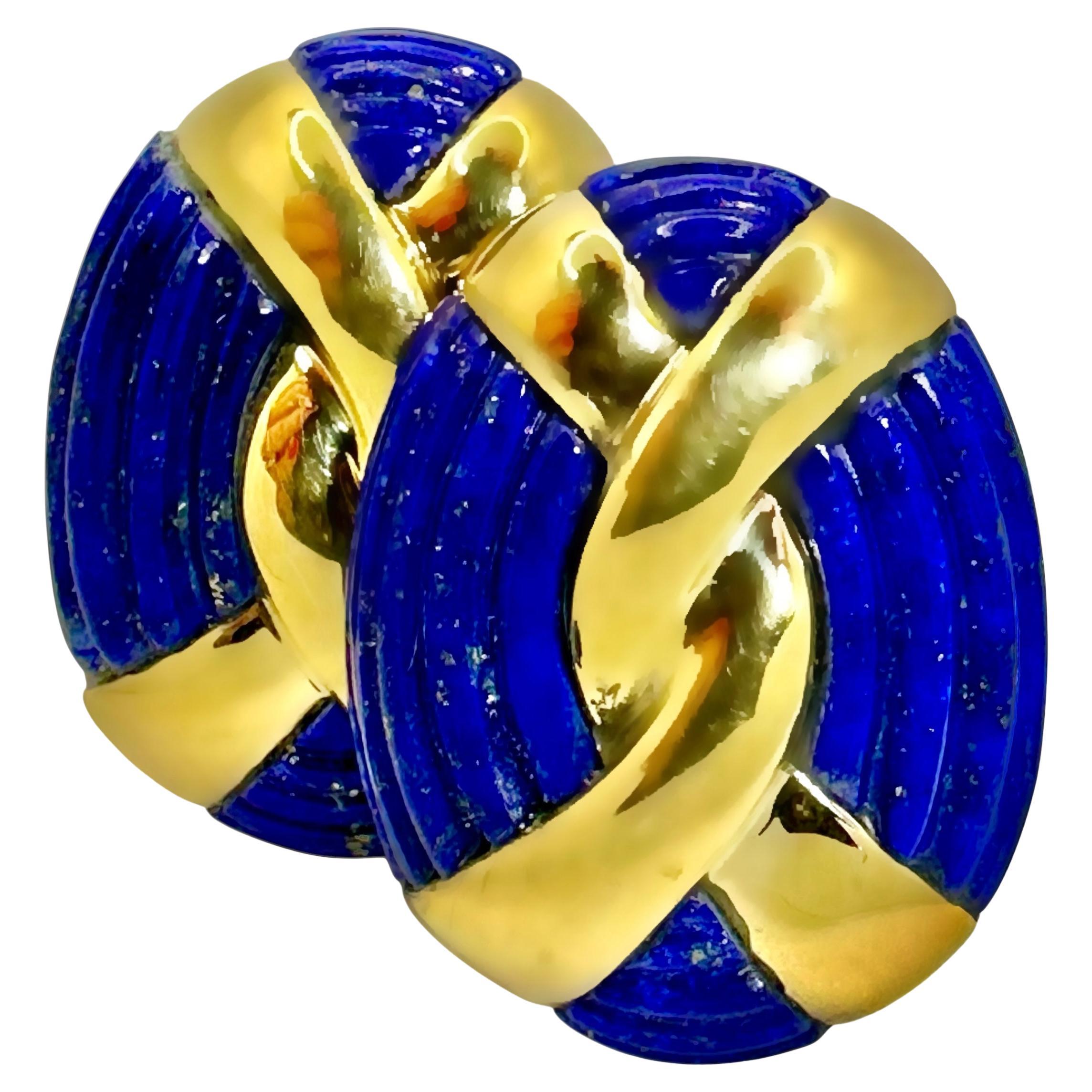 Charles Turi 18K Gold 
Fluted Lapis Lazulil Clip On Earrings - 1.25 Inches Long For Sale