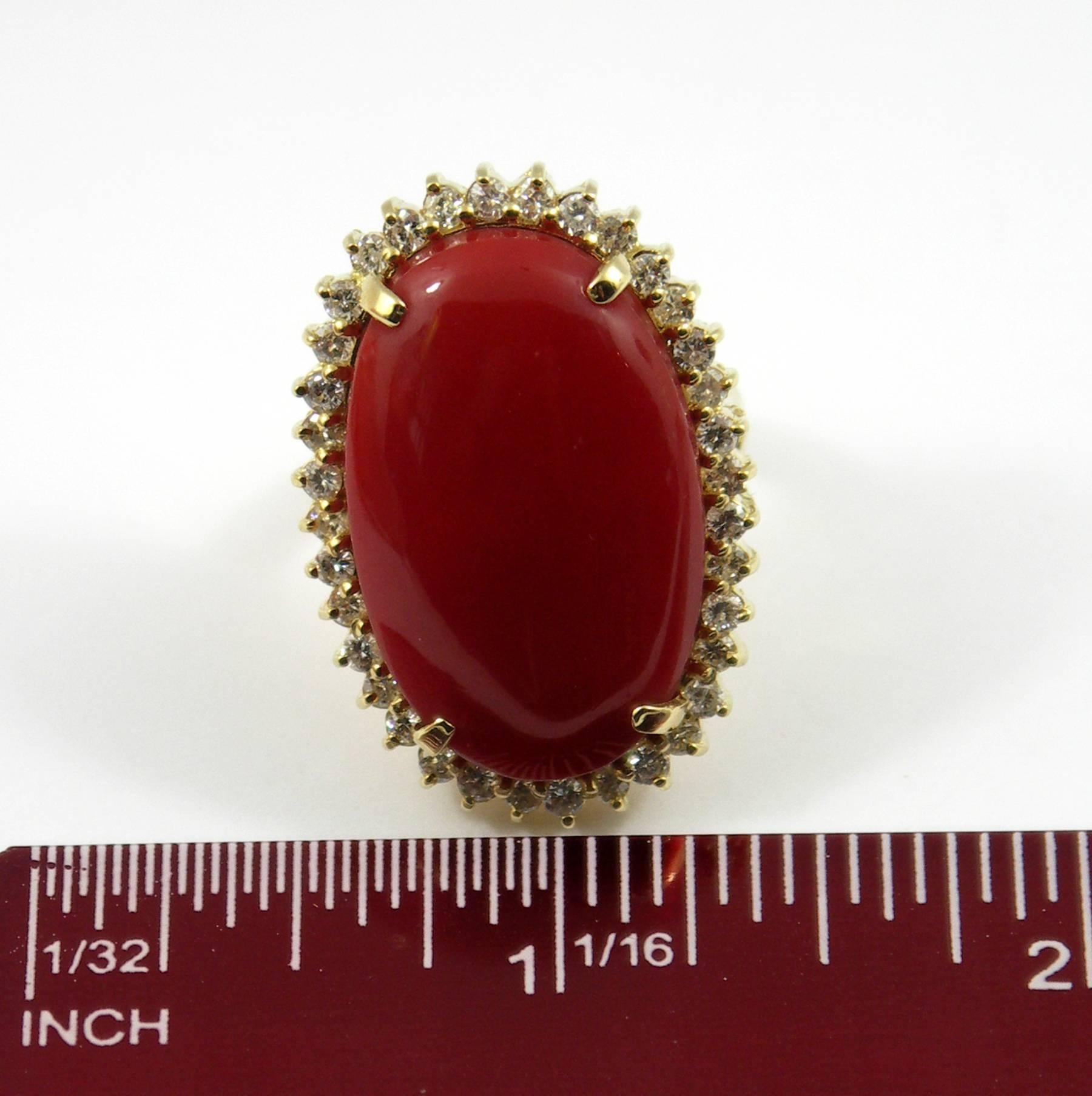 Ox Blood Coral Diamond Gold Ring In Excellent Condition In Palm Beach, FL