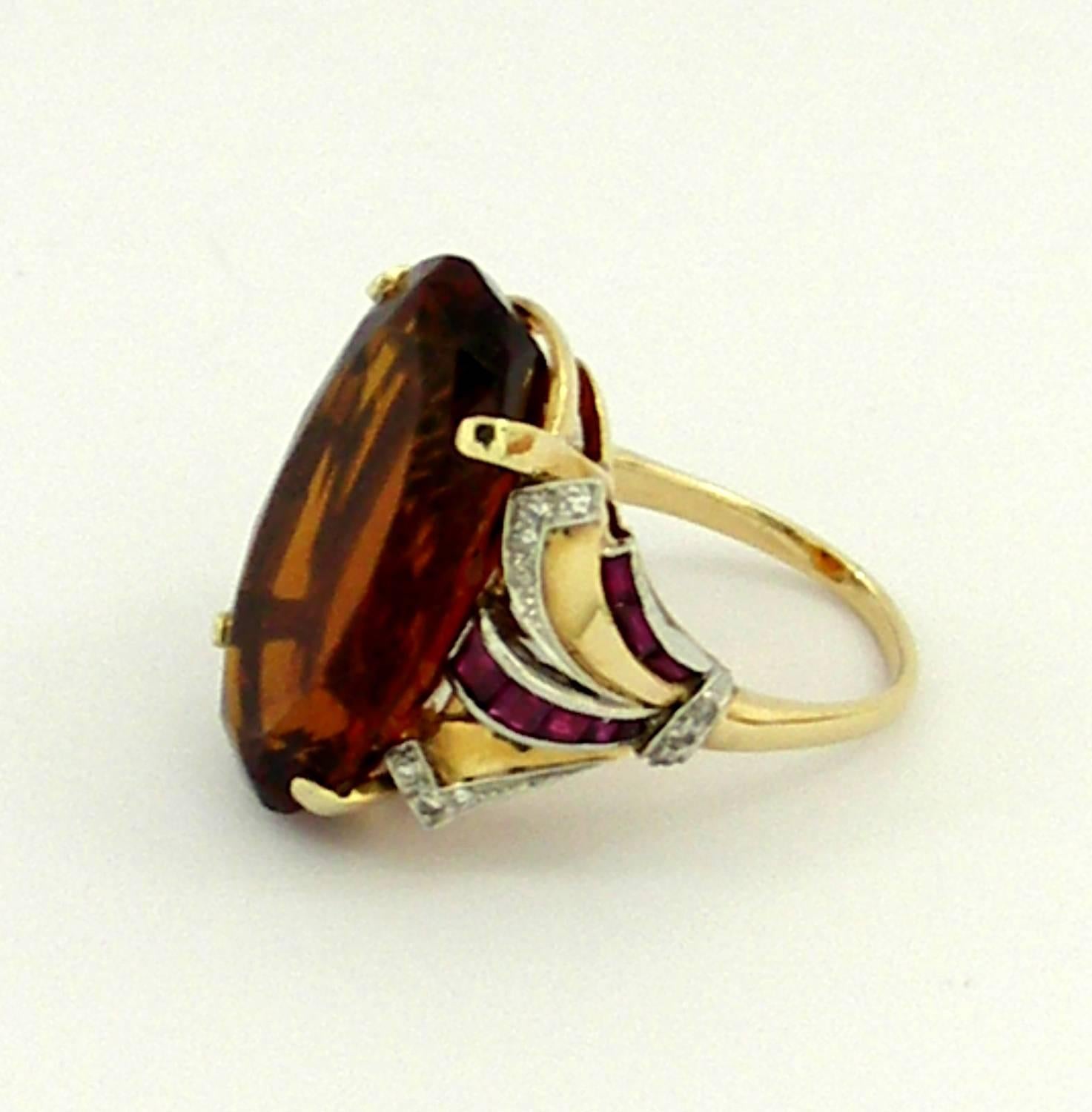 Mid-20th Century Citrine Diamond and Ruby Ring In Good Condition In Palm Beach, FL