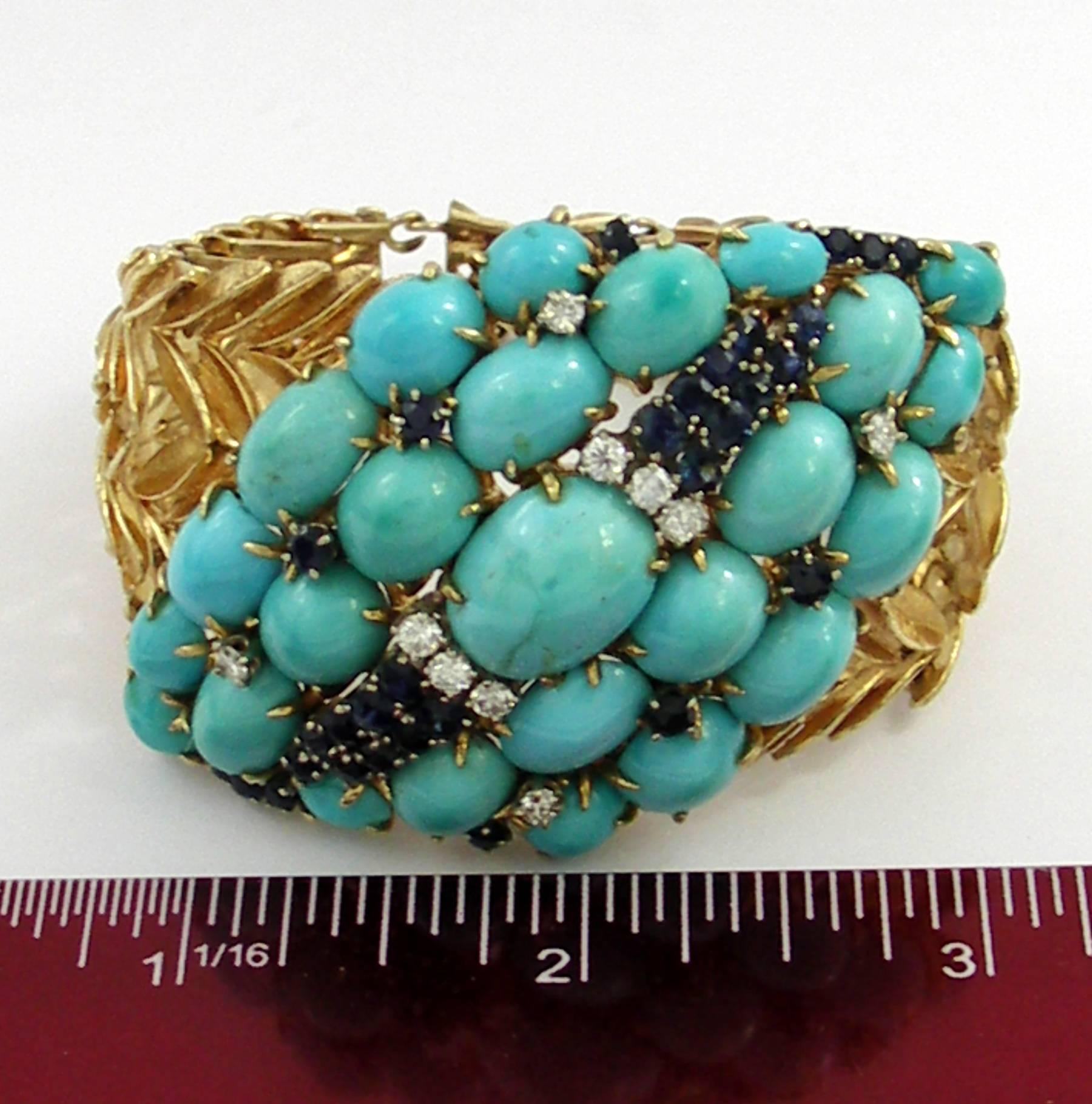 Mid-Century Sapphire Turquoise Diamond Gold Bracelet 2