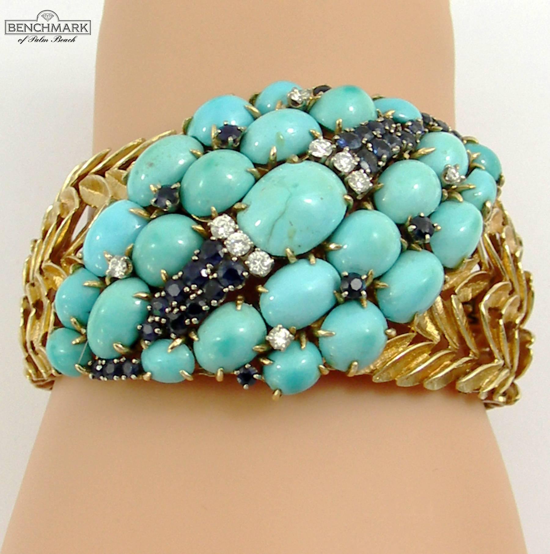 Women's Mid-Century Sapphire Turquoise Diamond Gold Bracelet