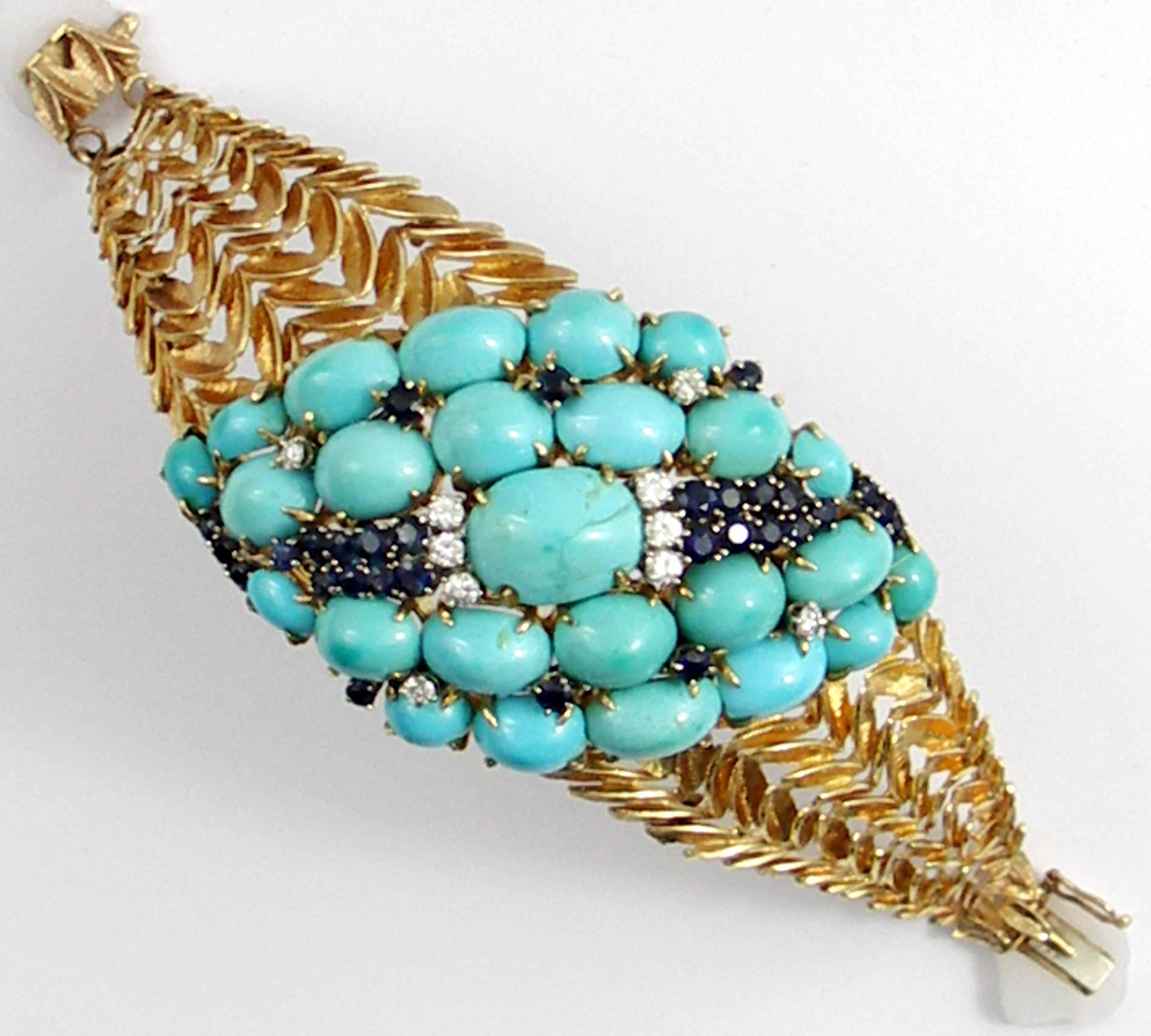 Mid-Century Sapphire Turquoise Diamond Gold Bracelet In Excellent Condition In Palm Beach, FL